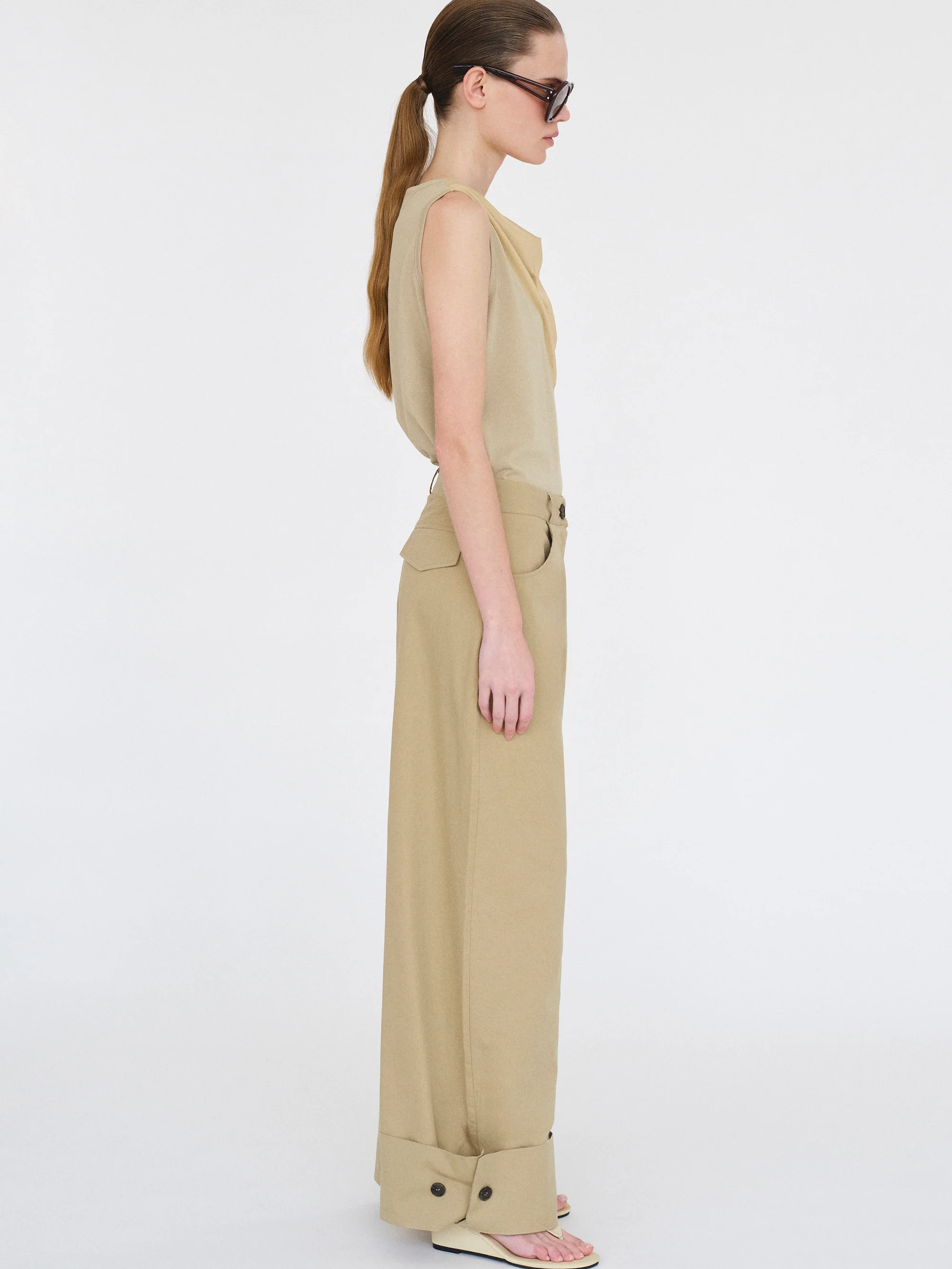 Cuffed Wide-Leg Trousers, Beige - Image 8