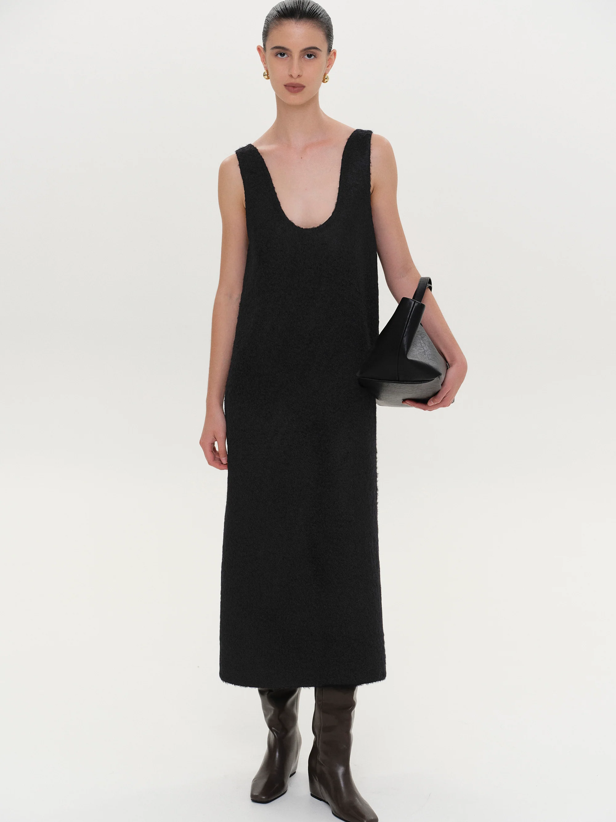 Curved Neck Knit Dress, Black - Image 2