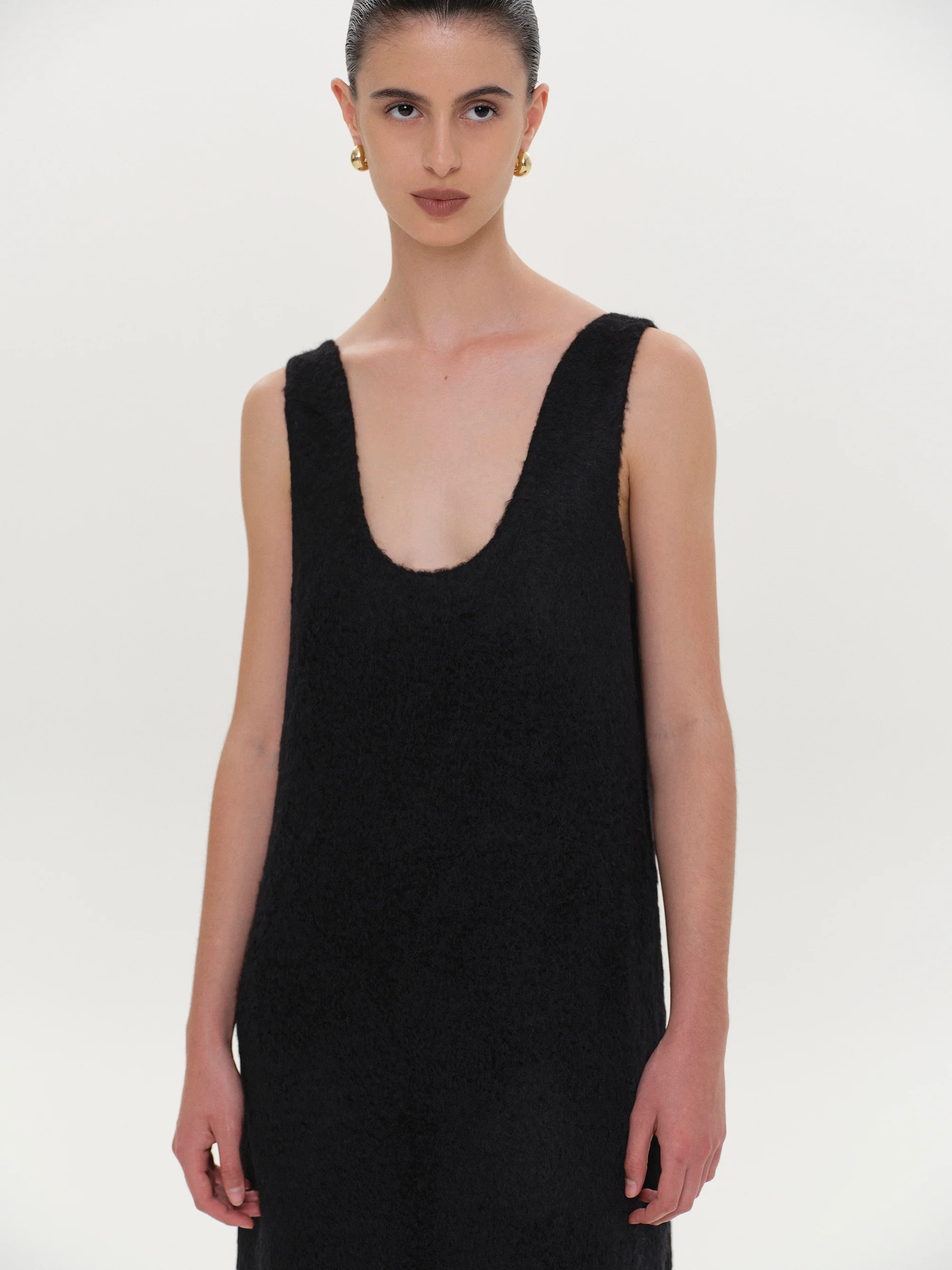 Curved Neck Knit Dress, Black - Image 3