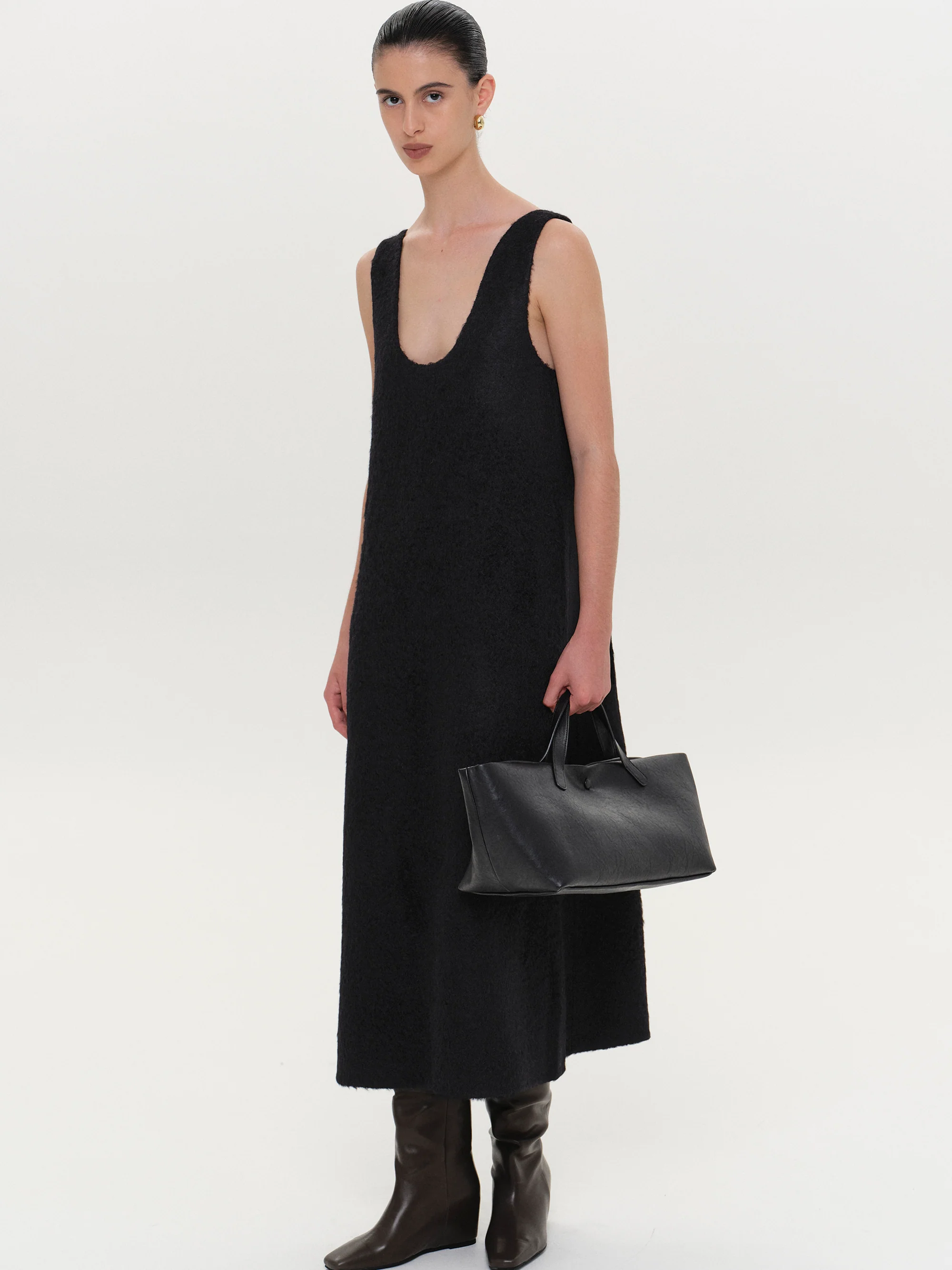 Curved Neck Knit Dress, Black - Image 4