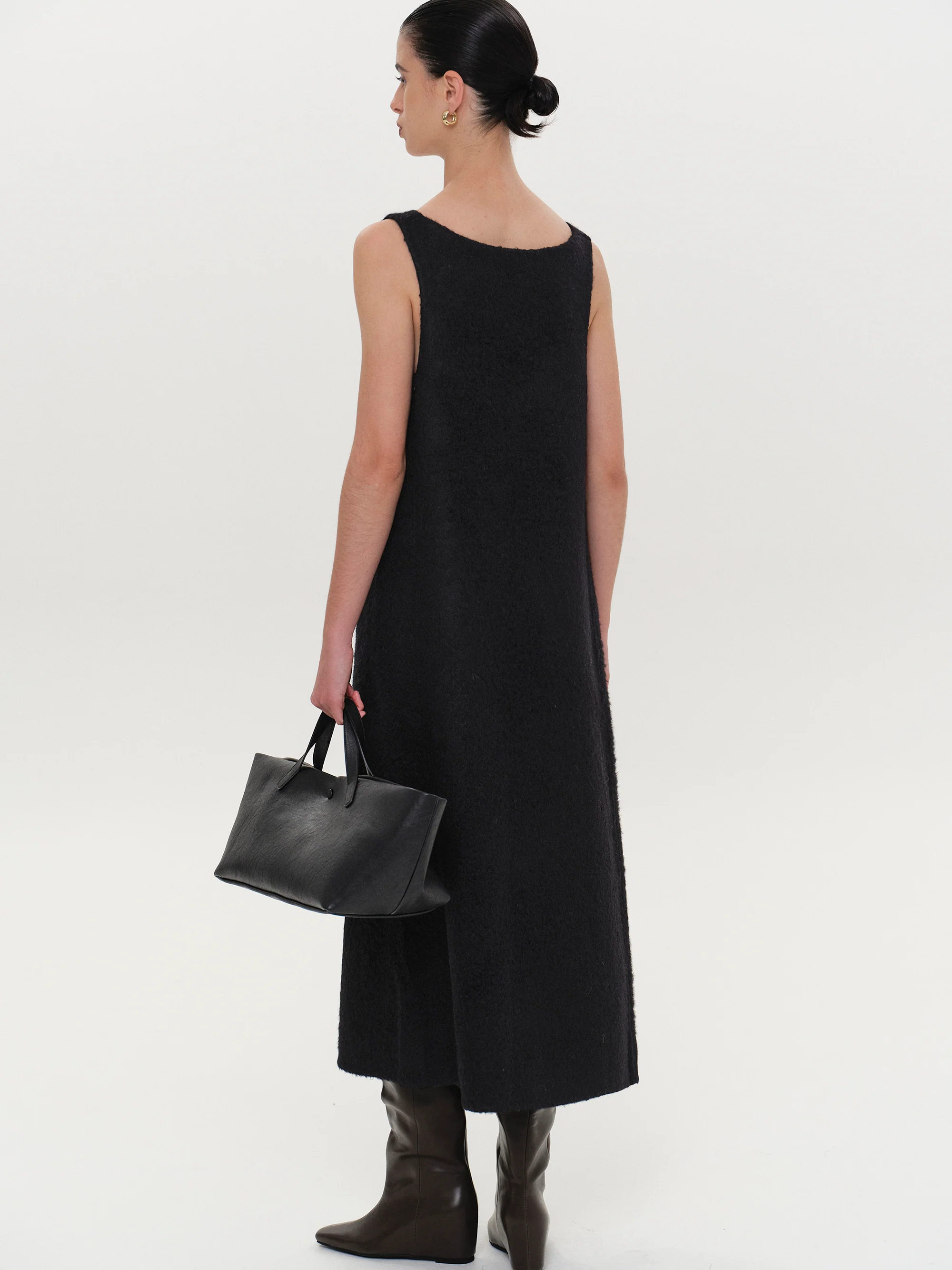Curved Neck Knit Dress, Black - Image 7