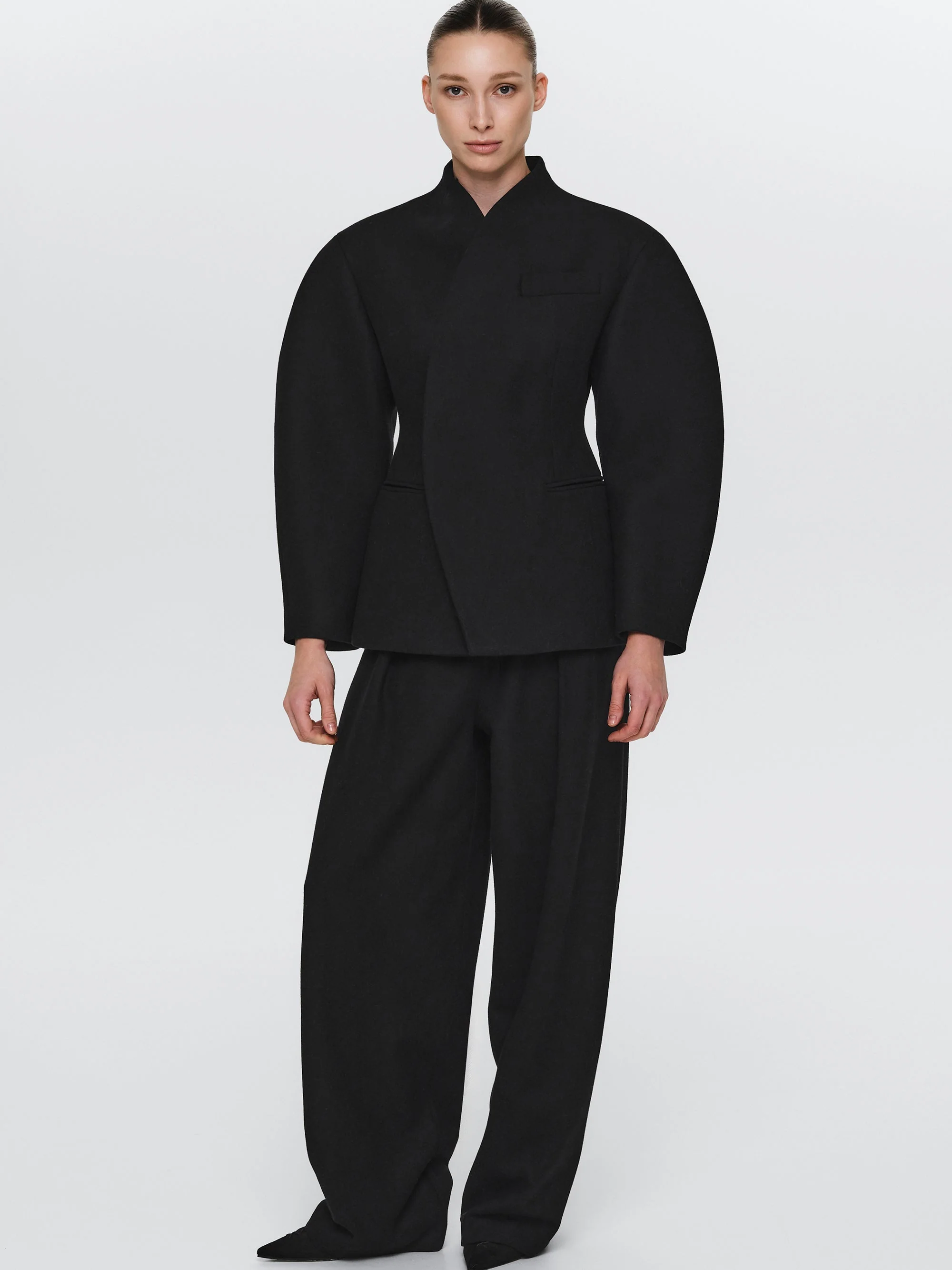 Curved Wool Felt Jacket, Black
