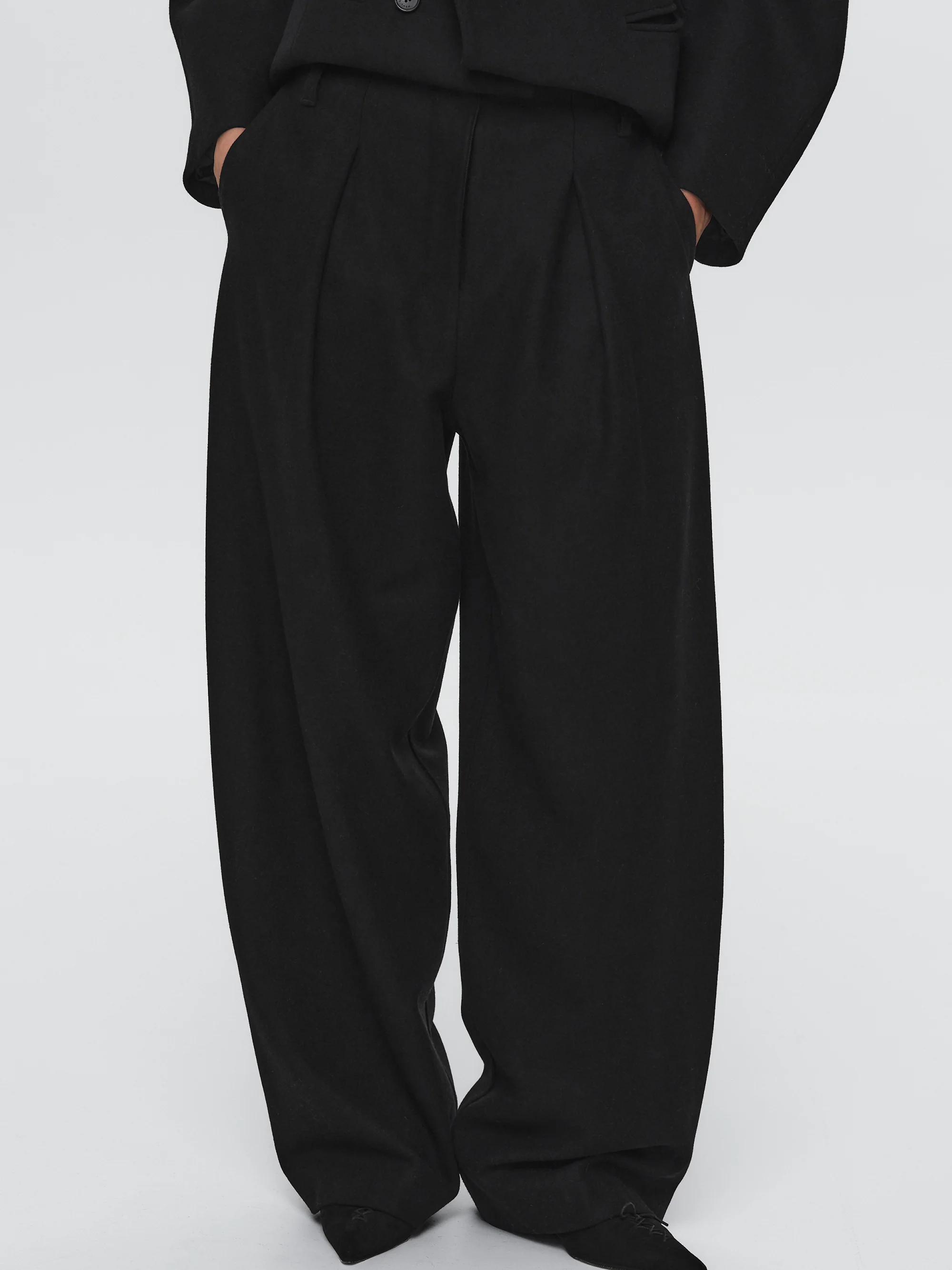 Curved Wool Felt Trousers, Black - Image 3
