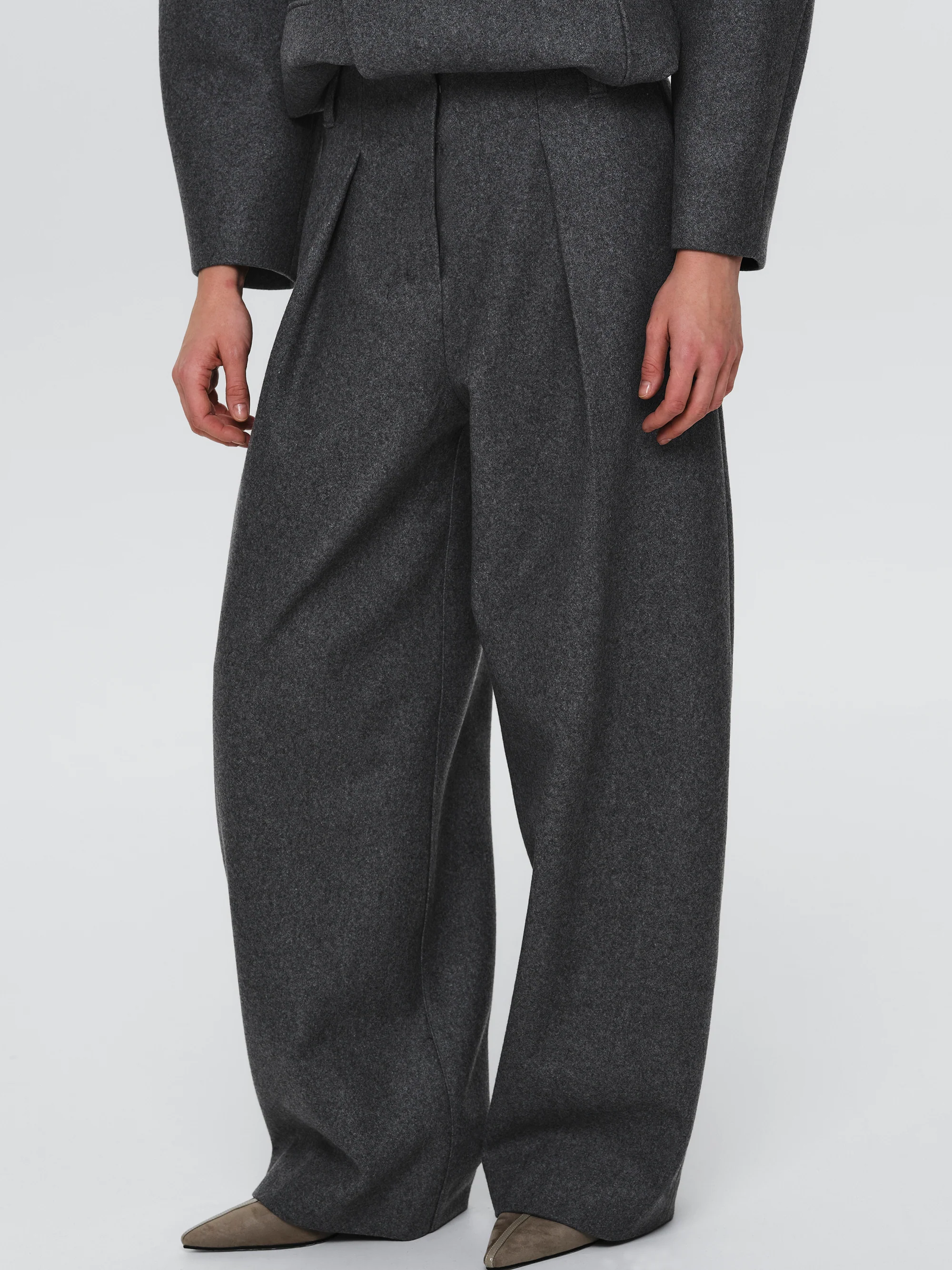 Curved Wool Felt Trousers, Charcoal - Image 2