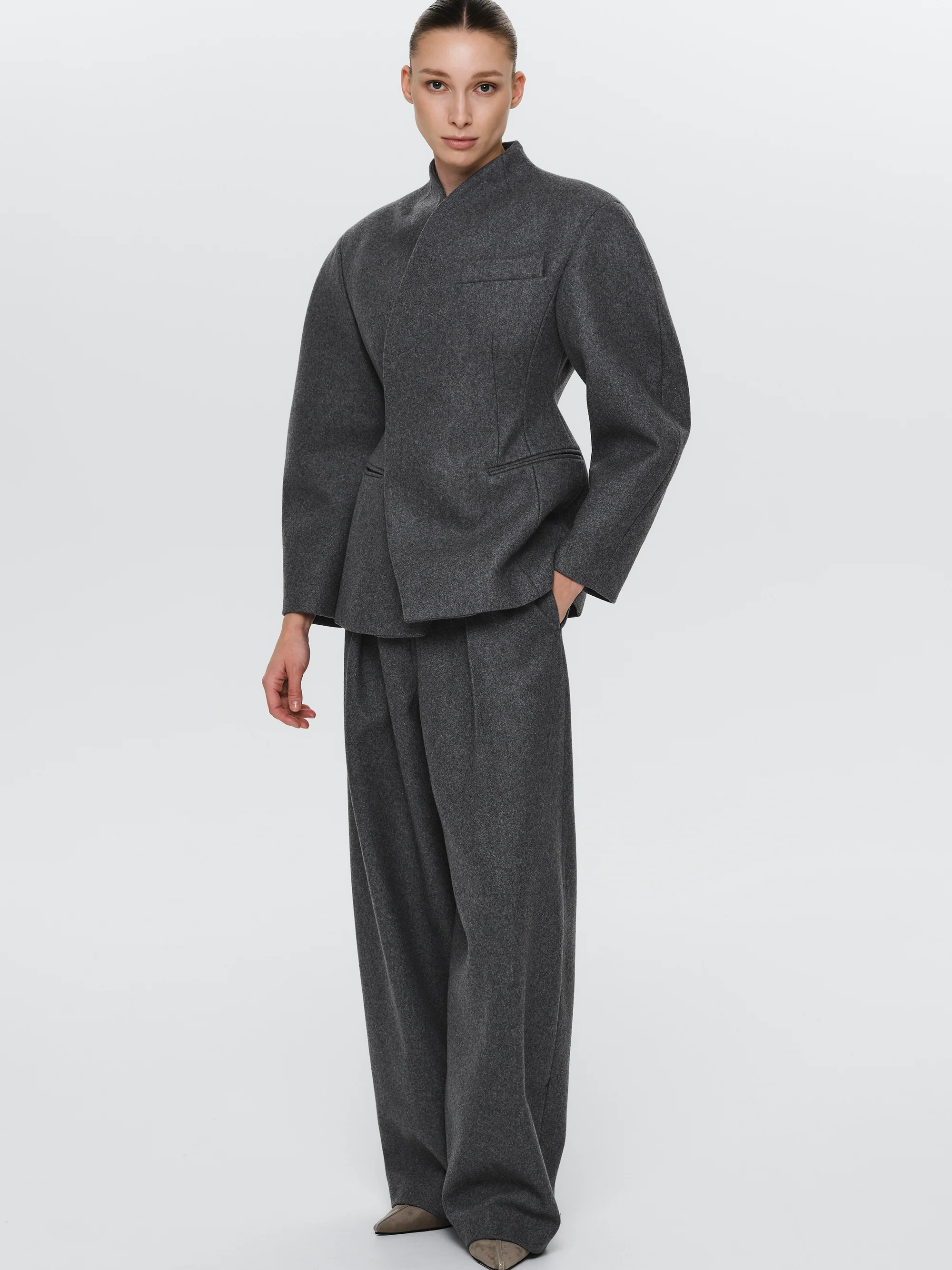 Curved Wool Felt Trousers, Charcoal - Image 3