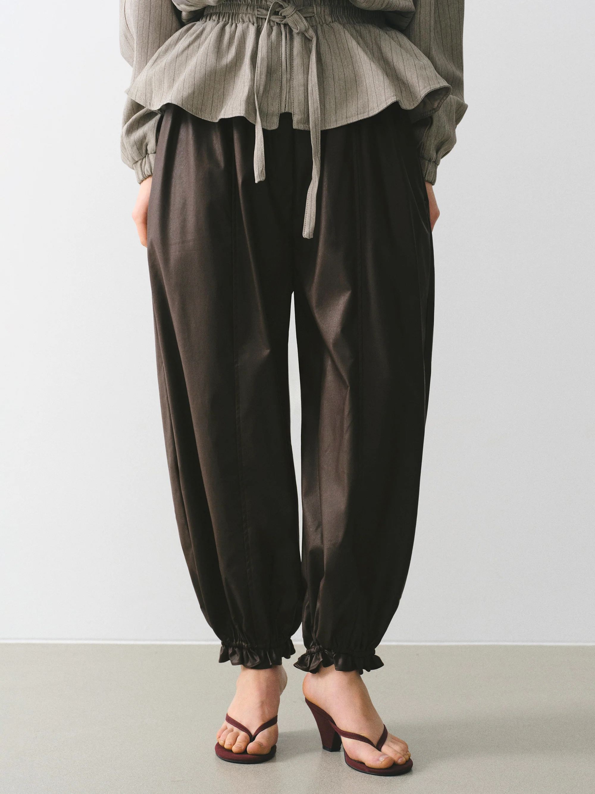 Daria Ruffle Hem Faux-Leather Pants, Brown
