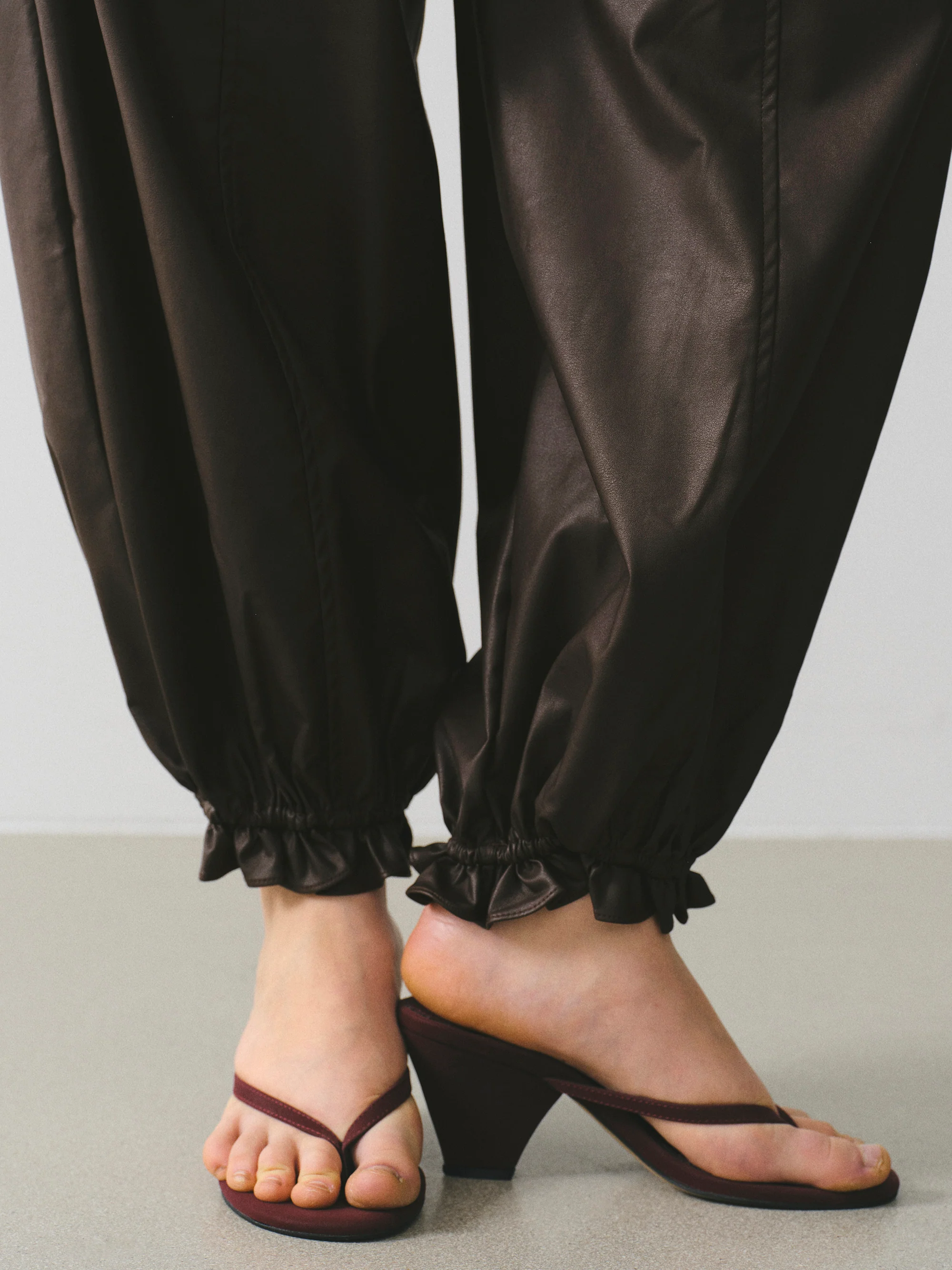 Daria Ruffle Hem Faux-Leather Pants, Brown - Image 2