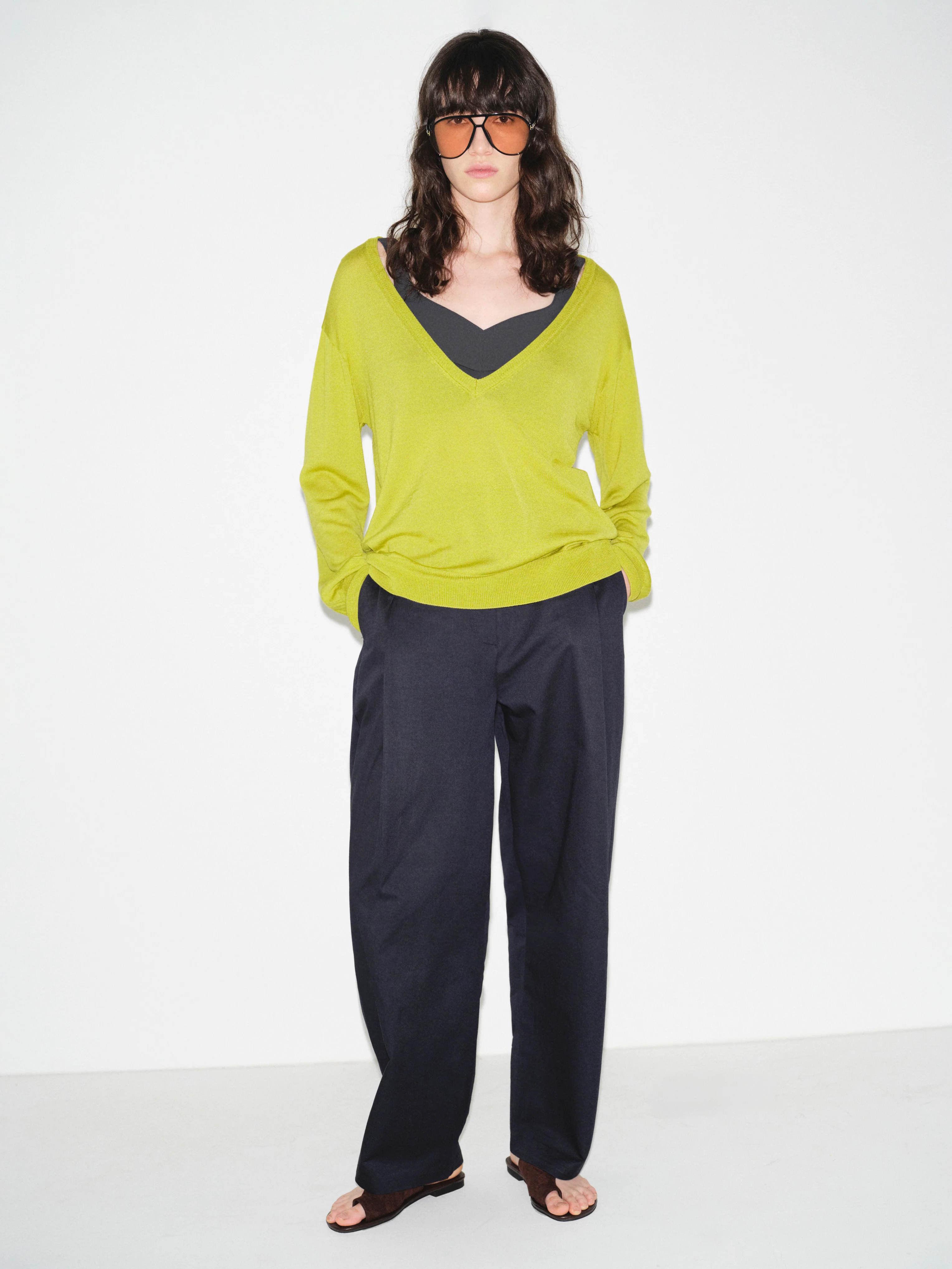 Deep V-Neck Knit, Olive - Image 3