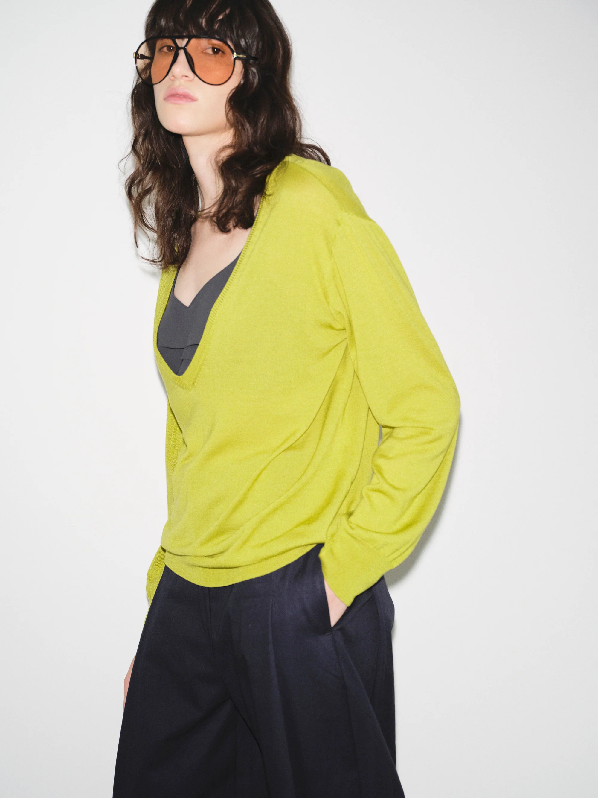 Deep V-Neck Knit, Olive - Image 4