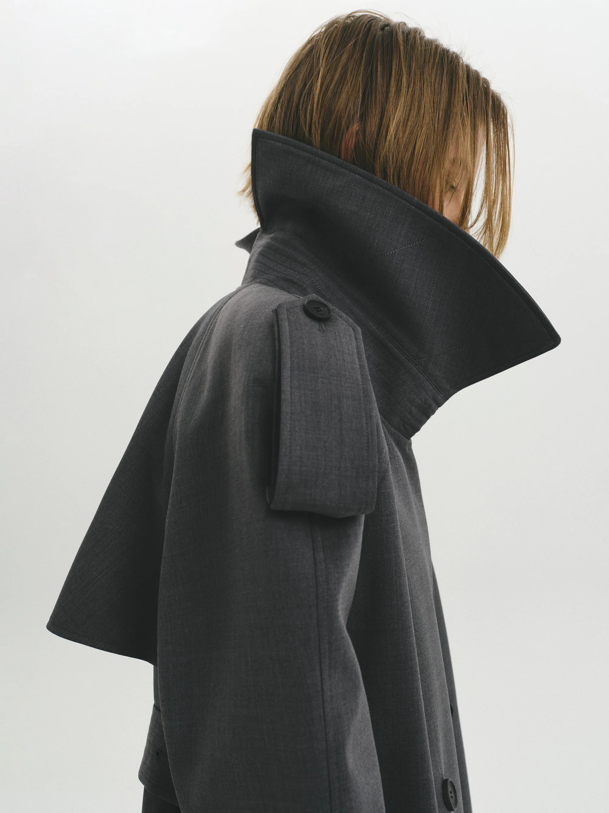 Double-Breasted High Collar Trench Coat, Grey