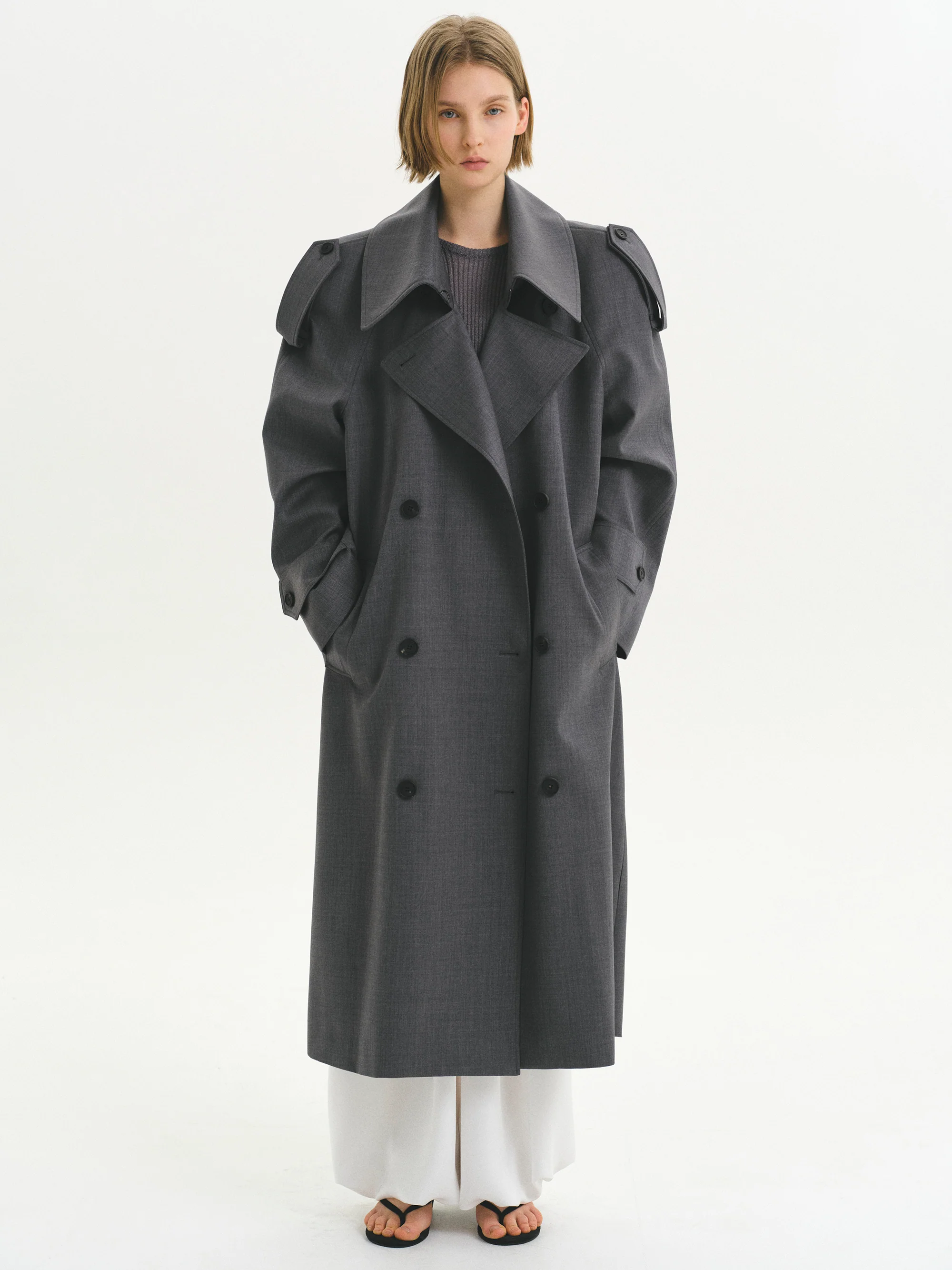 Double-Breasted High Collar Trench Coat, Grey - Image 2