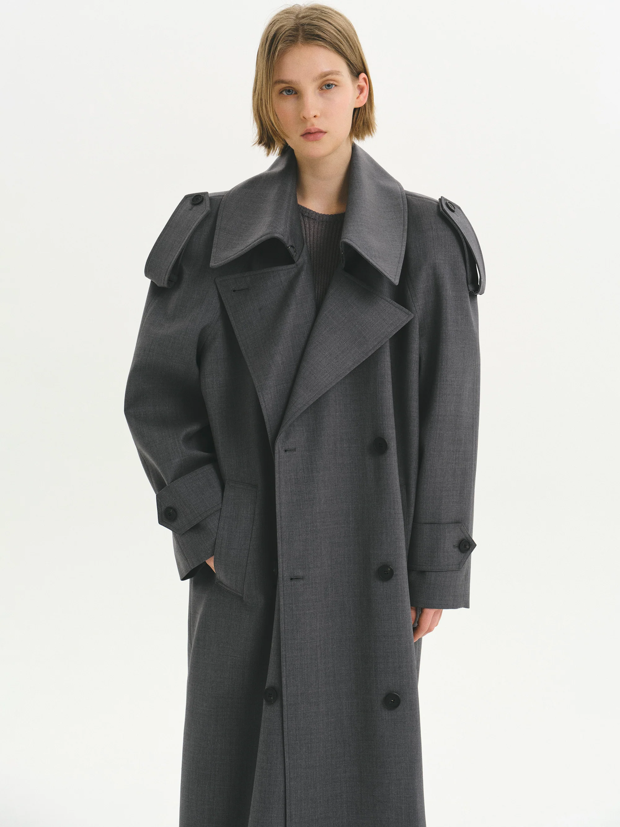 Double-Breasted High Collar Trench Coat, Grey - Image 3