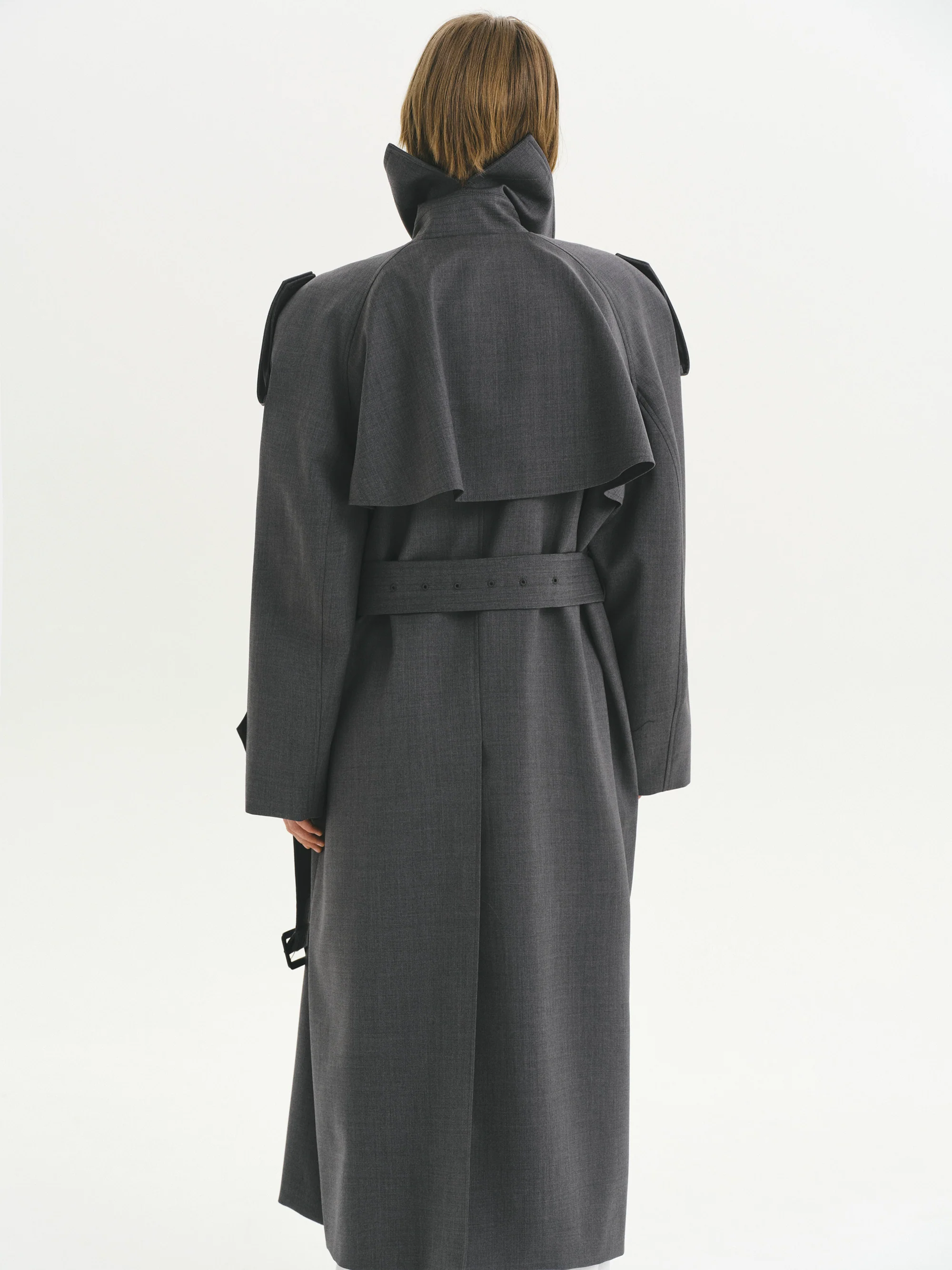 Double-Breasted High Collar Trench Coat, Grey - Image 4