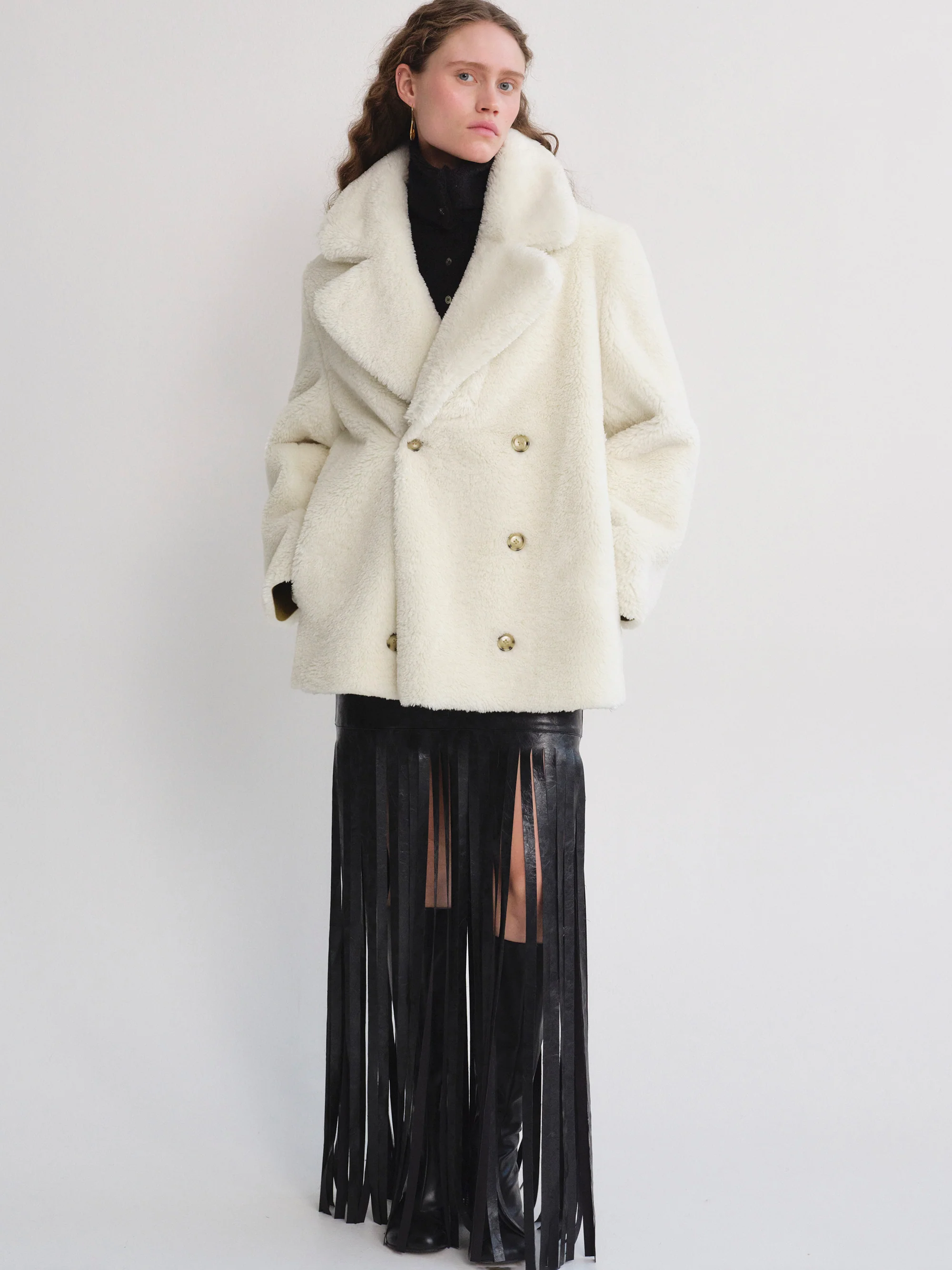 Double-breasted Shearling Jacket, Ivory - Image 2