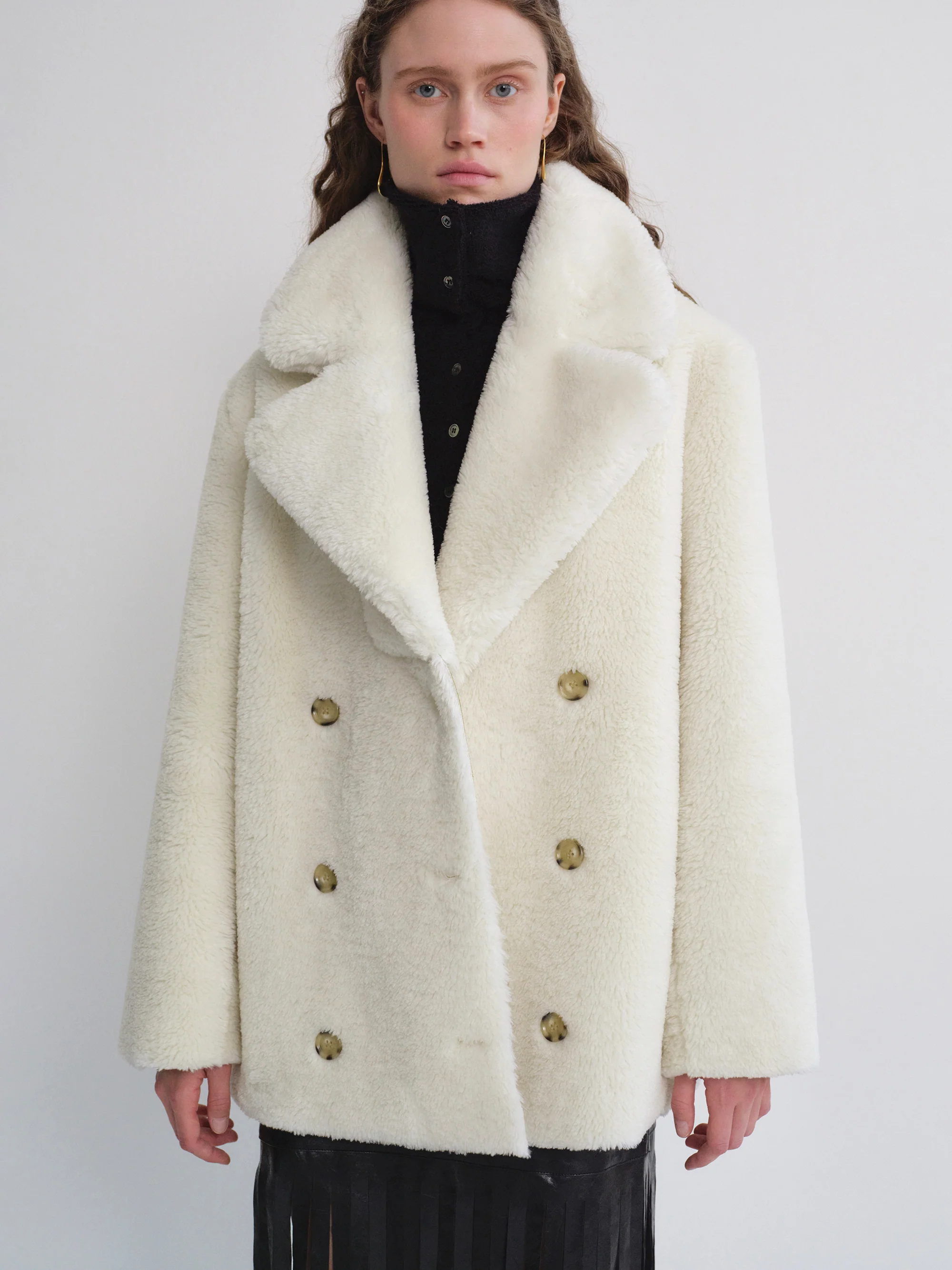 Double-breasted Shearling Jacket, Ivory - Image 3