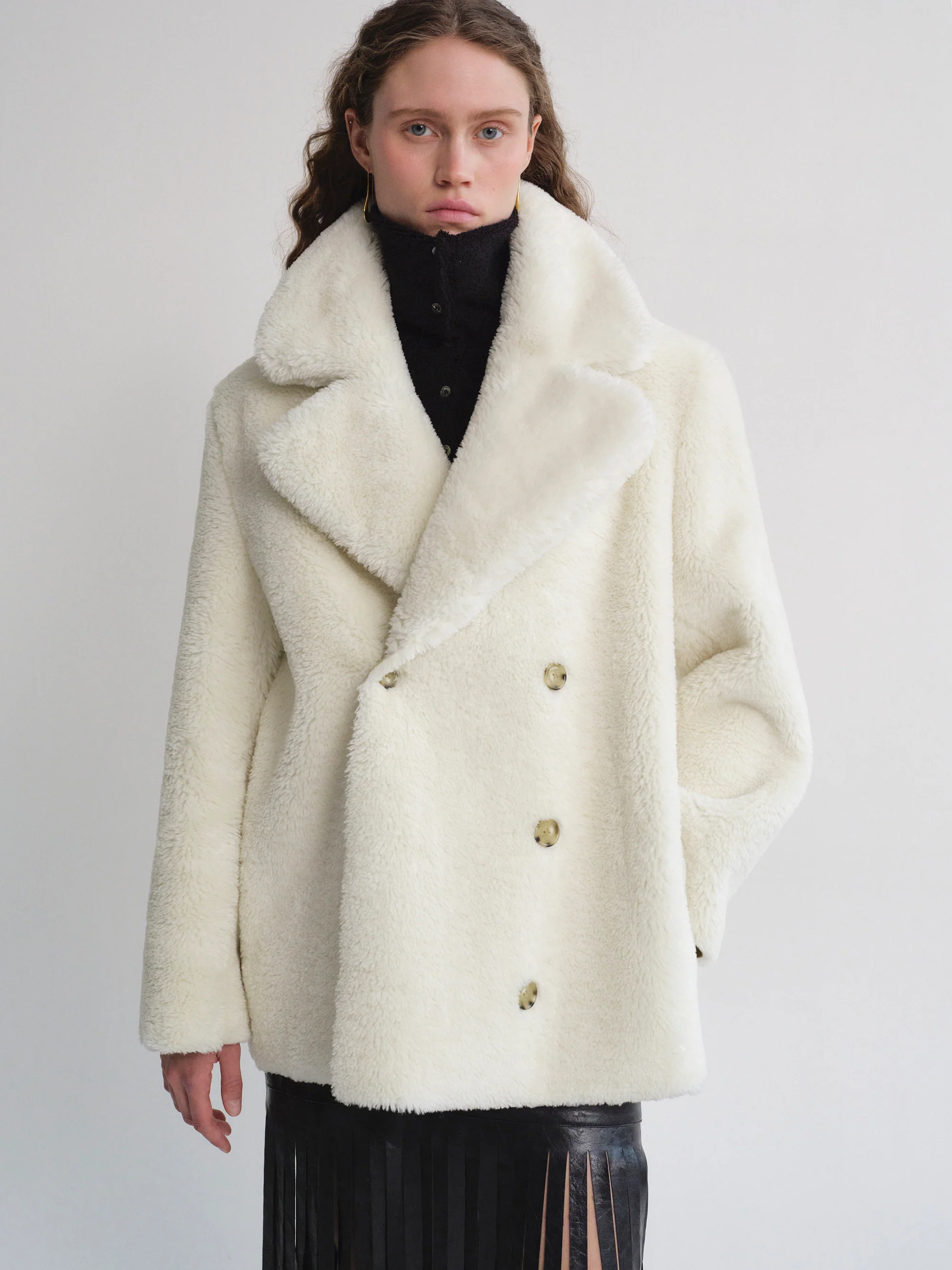 Double-breasted Shearling Jacket, Ivory - Image 5