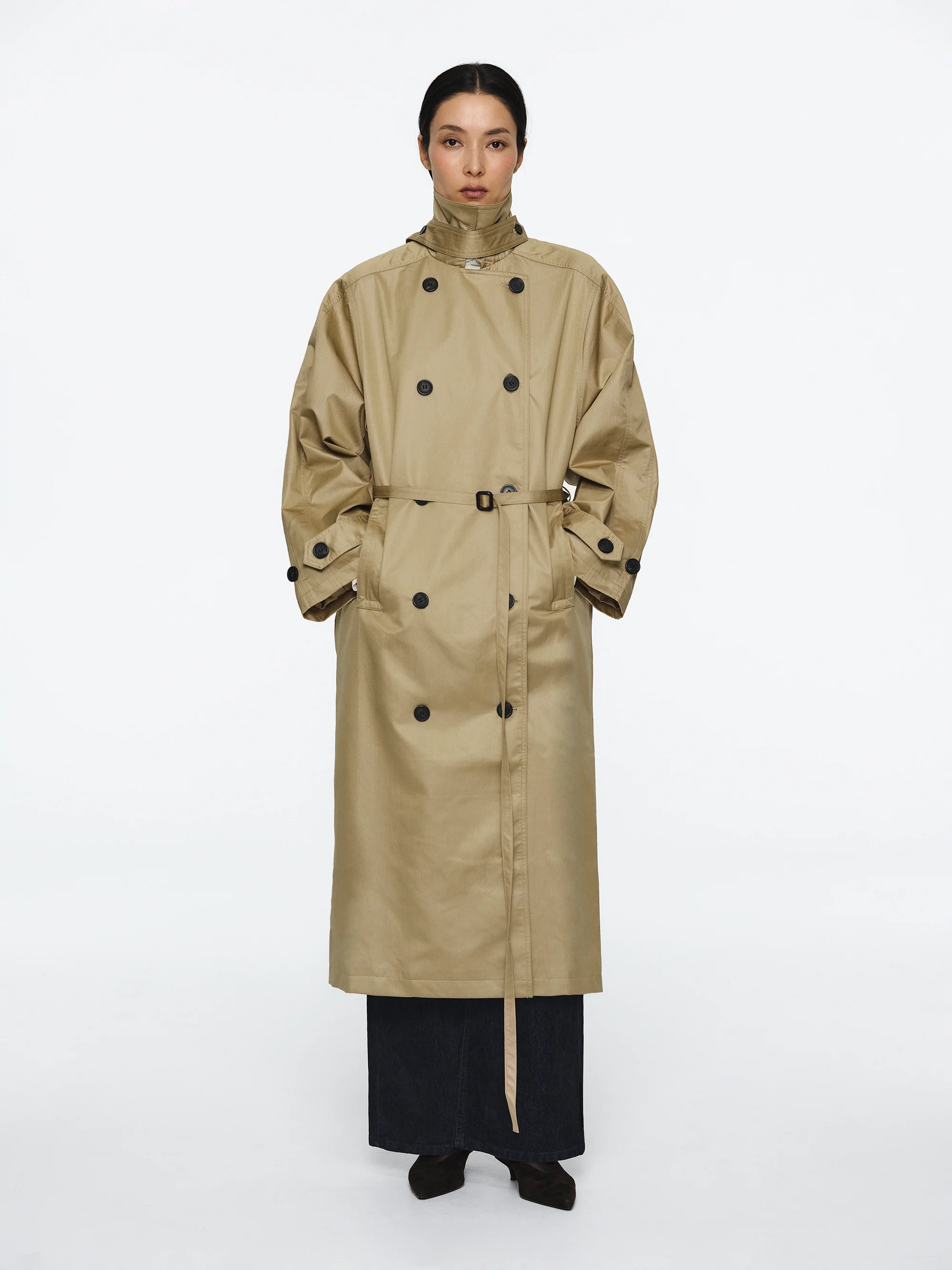Double Breasted Taffeta Trench Coat, Beige