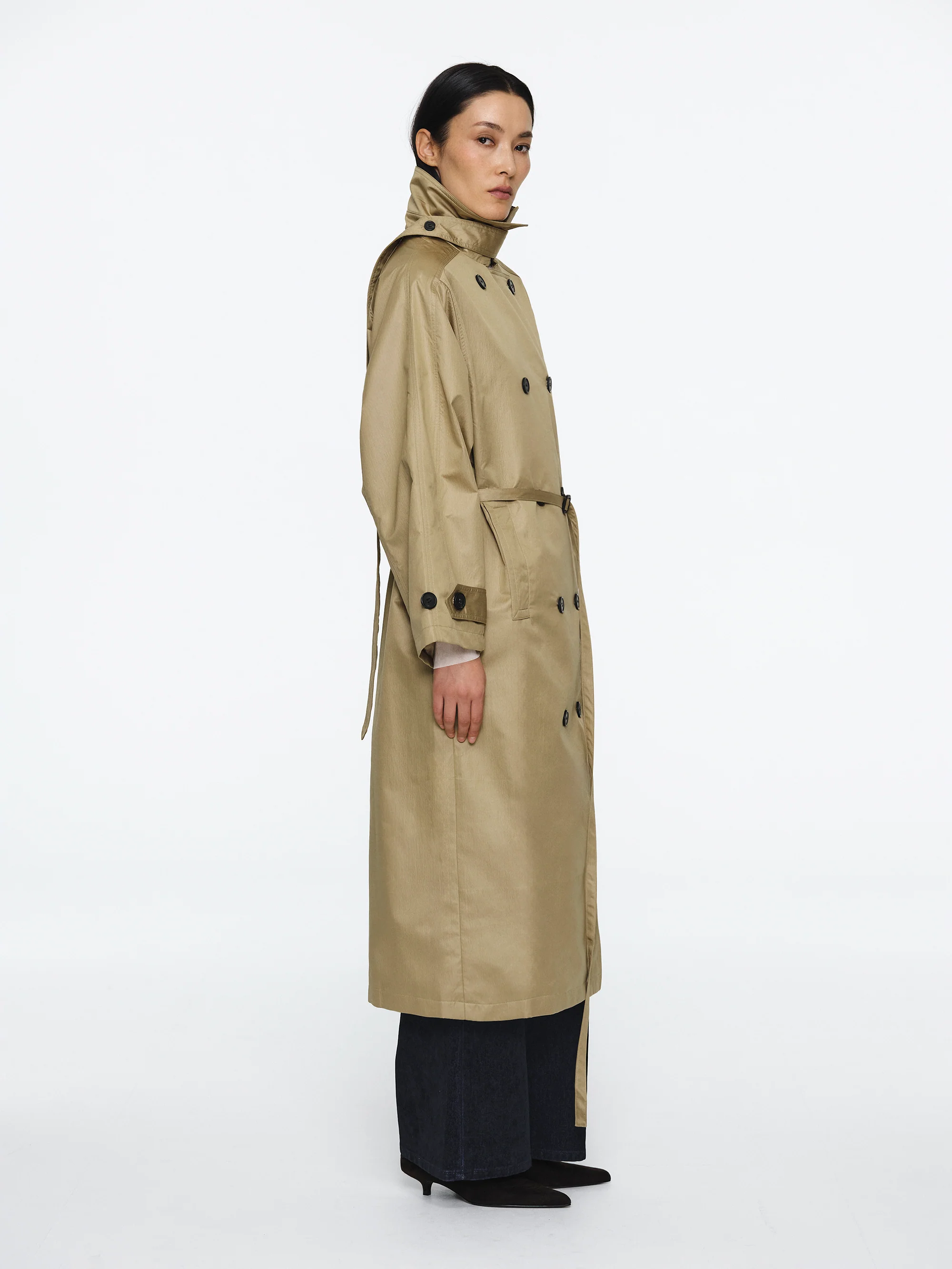 Double Breasted Taffeta Trench Coat, Beige - Image 2