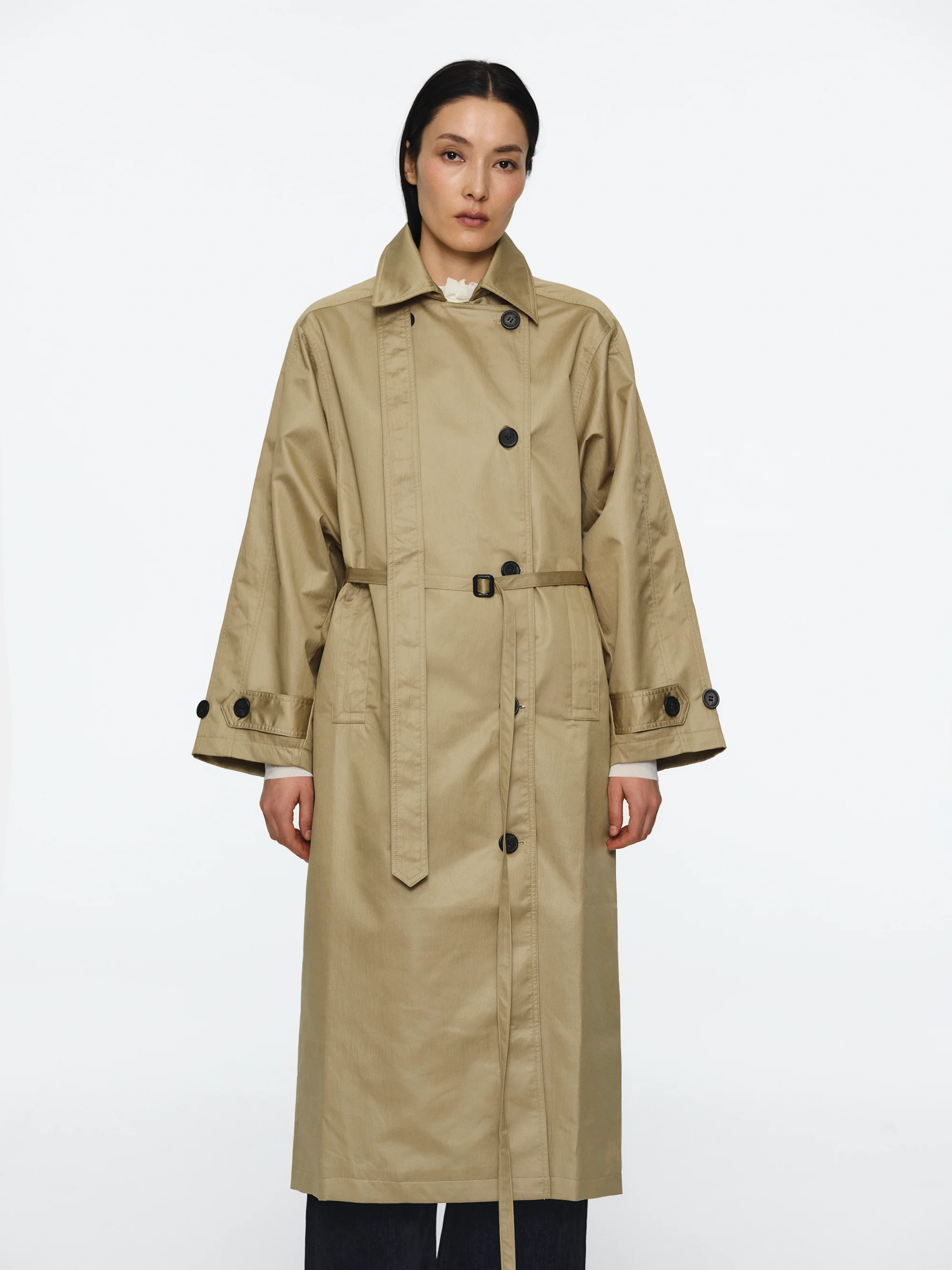 Double Breasted Taffeta Trench Coat, Beige - Image 3