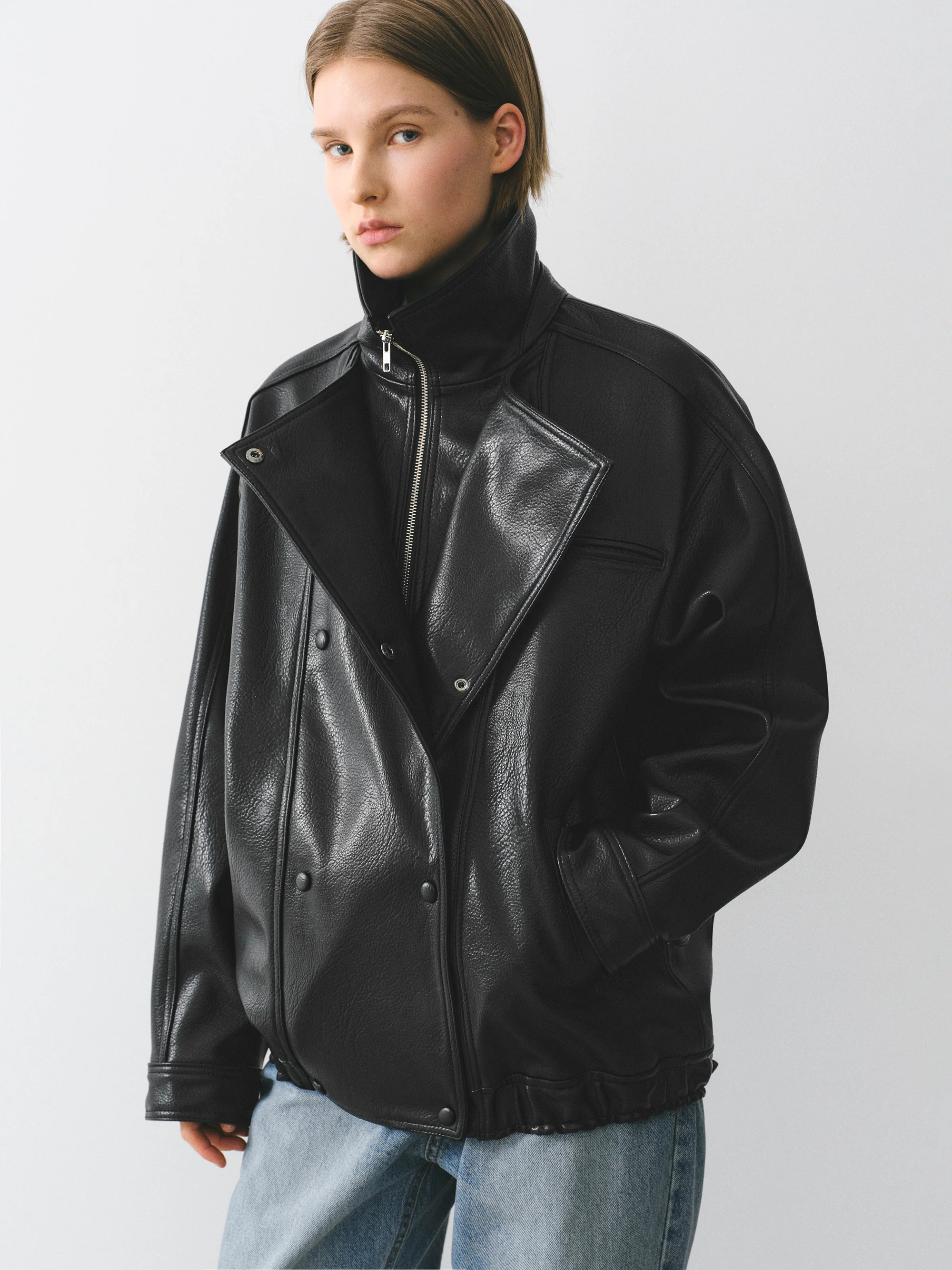 Double Collar Faux-Leather Jacket, Black