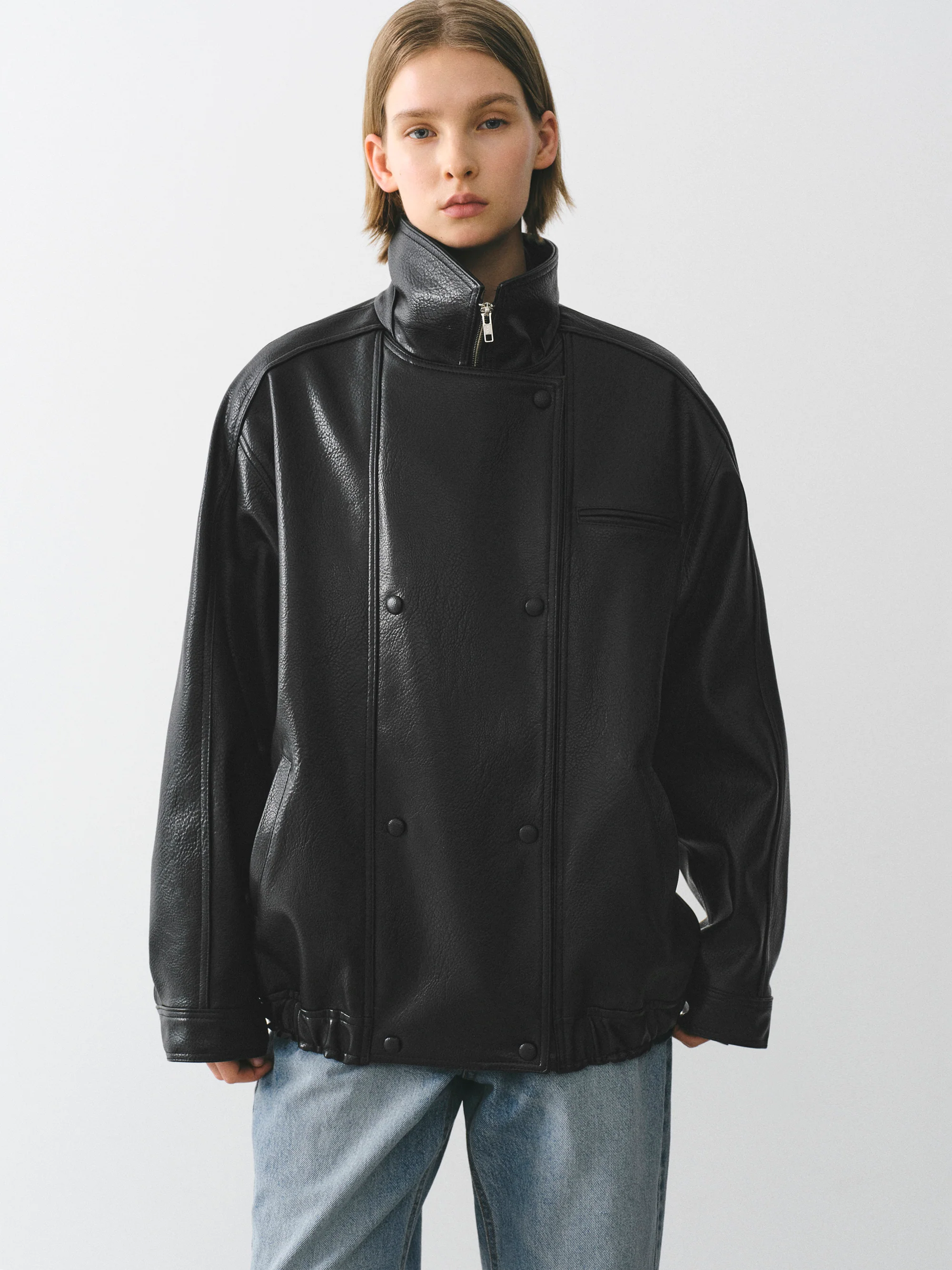 Double Collar Faux-Leather Jacket, Black - Image 3