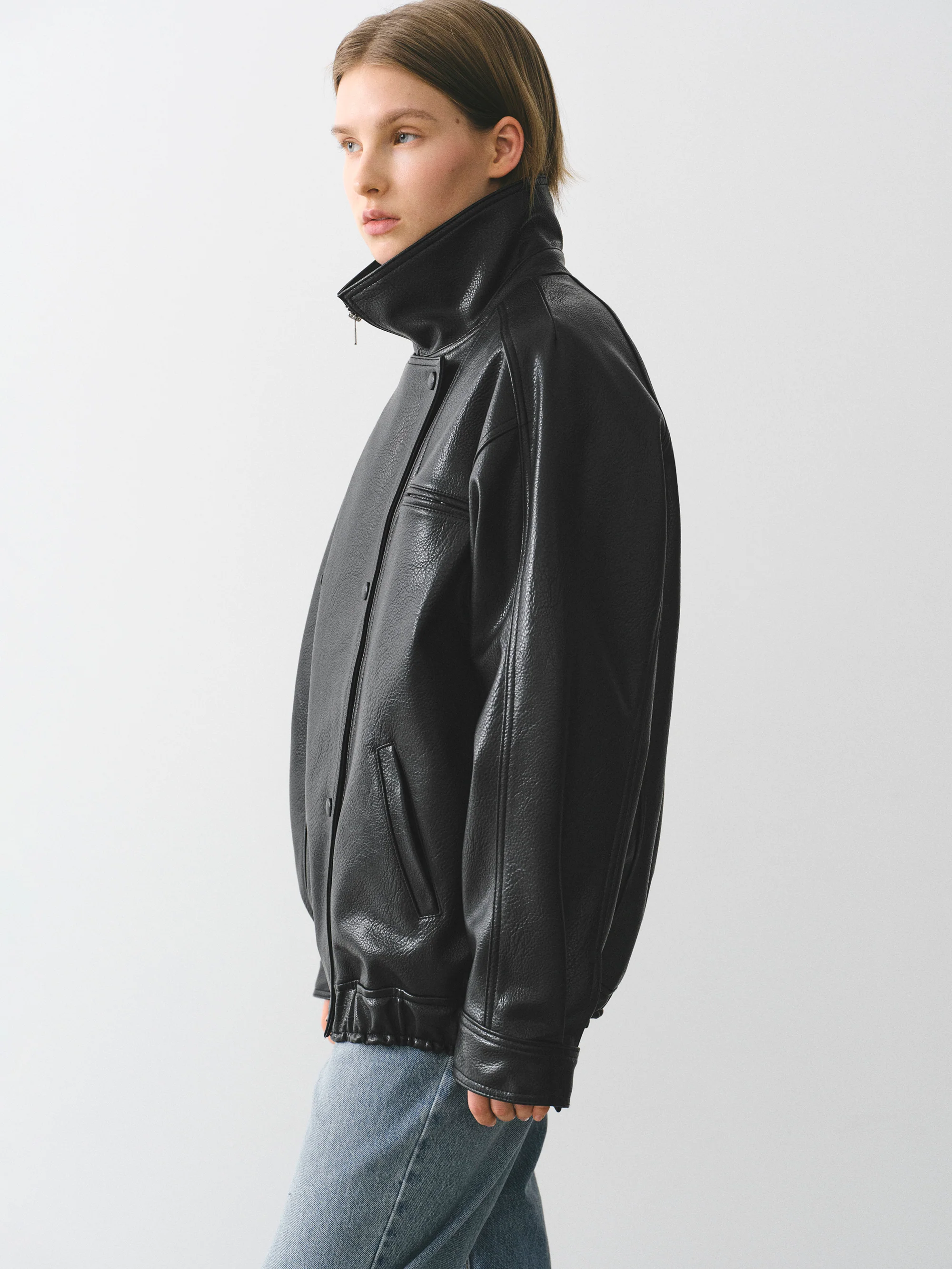 Double Collar Faux-Leather Jacket, Black - Image 4