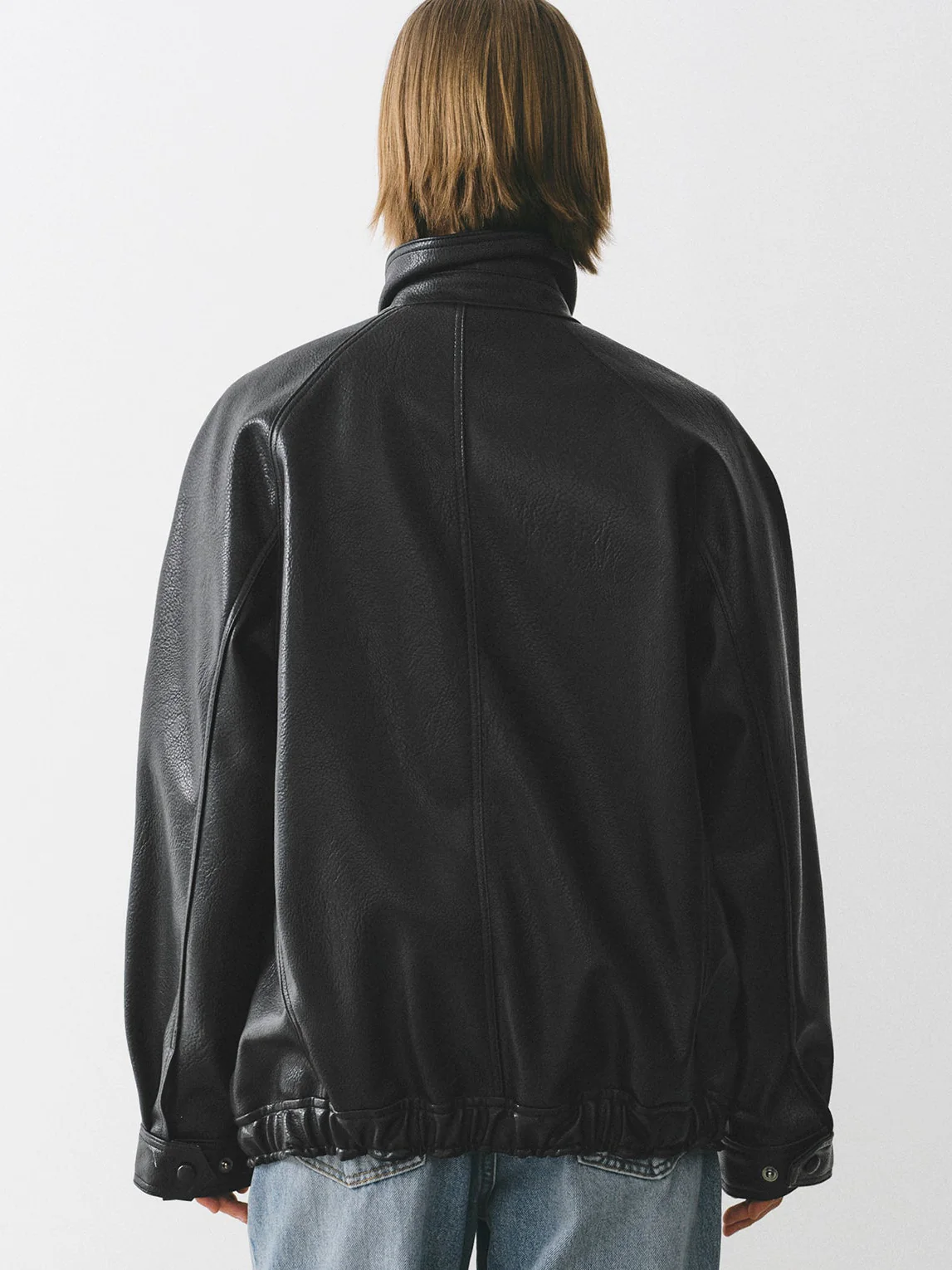Double Collar Faux-Leather Jacket, Black - Image 5