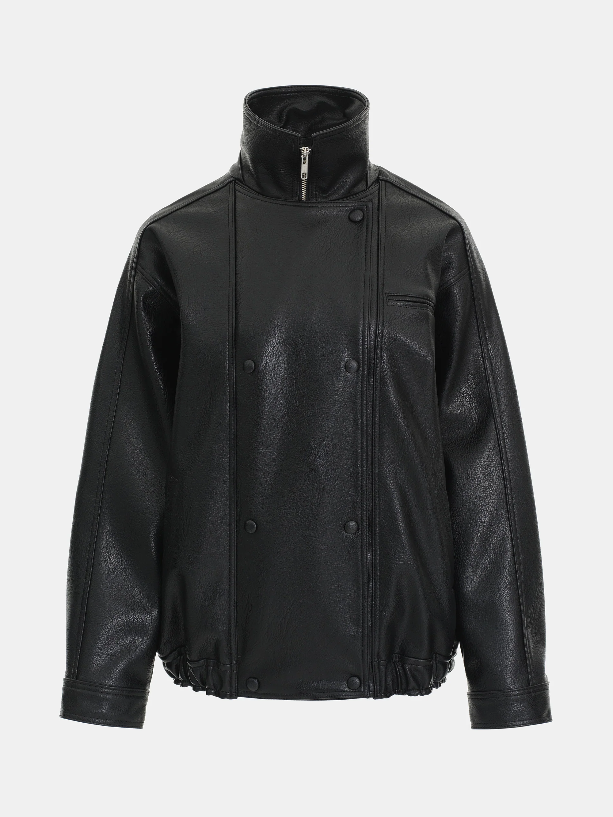 Double Collar Faux-Leather Jacket, Black - Image 6