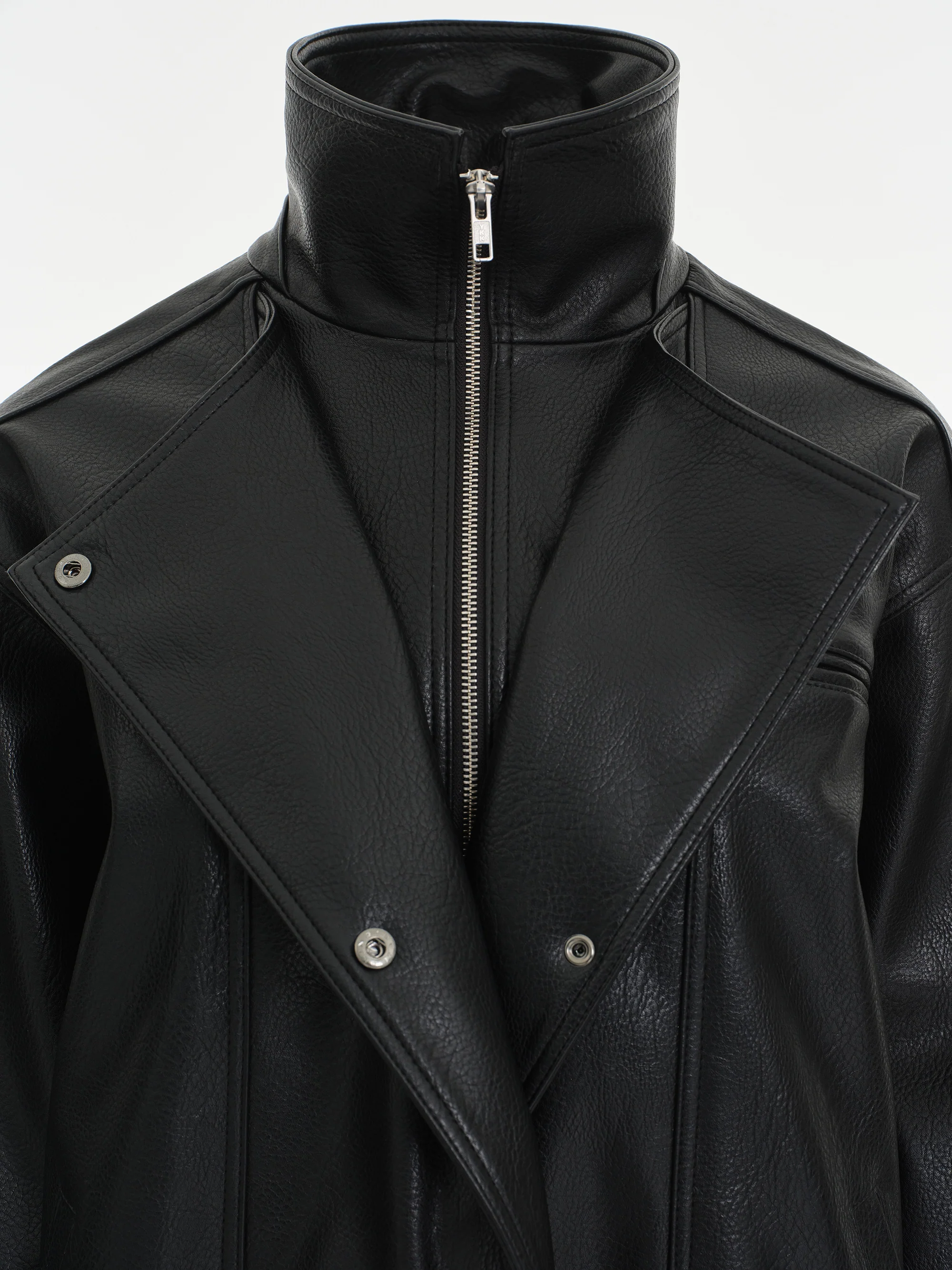 Double Collar Faux-Leather Jacket, Black - Image 7