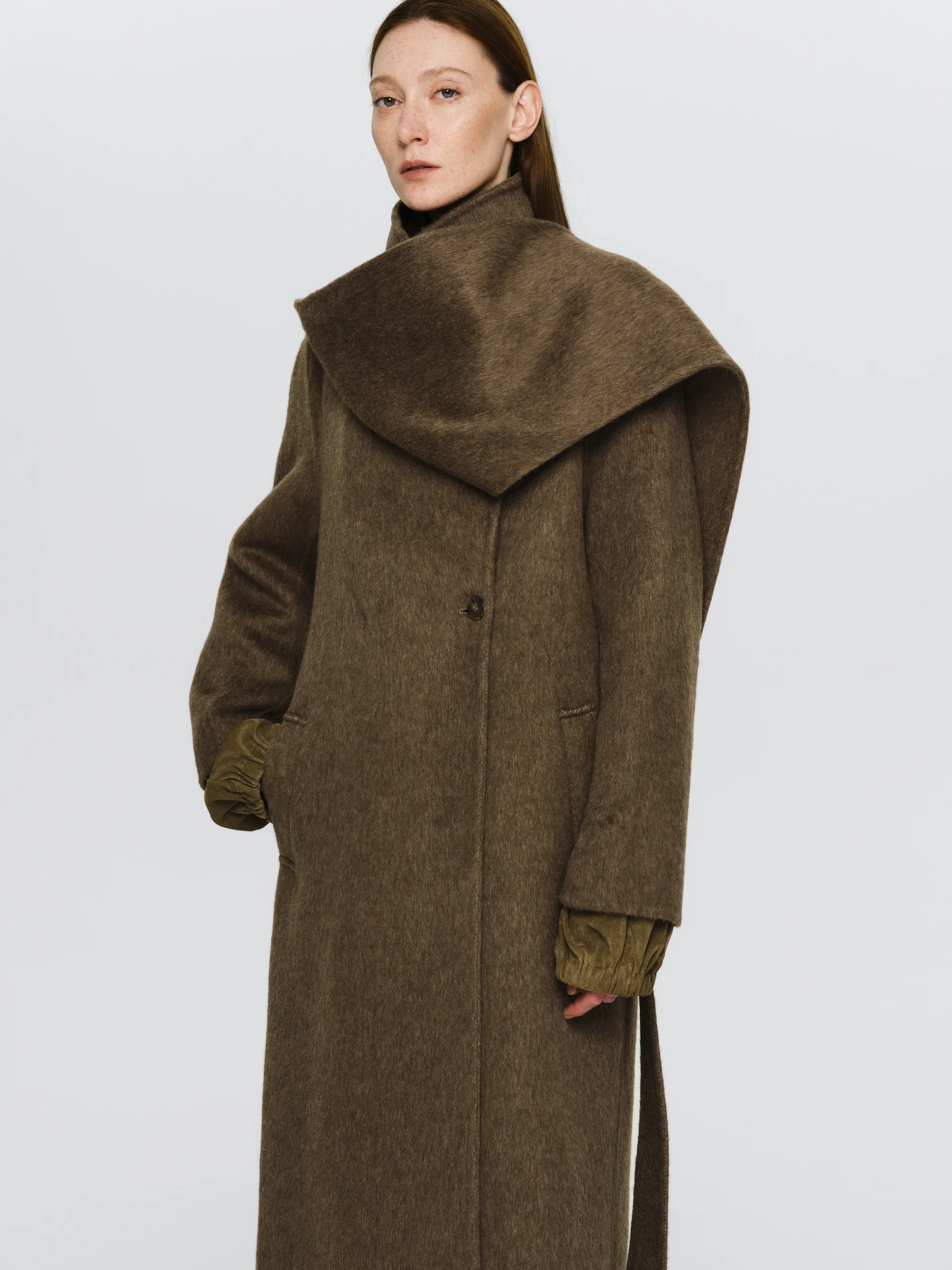 Double Lapel Scarf Coat, Brown
