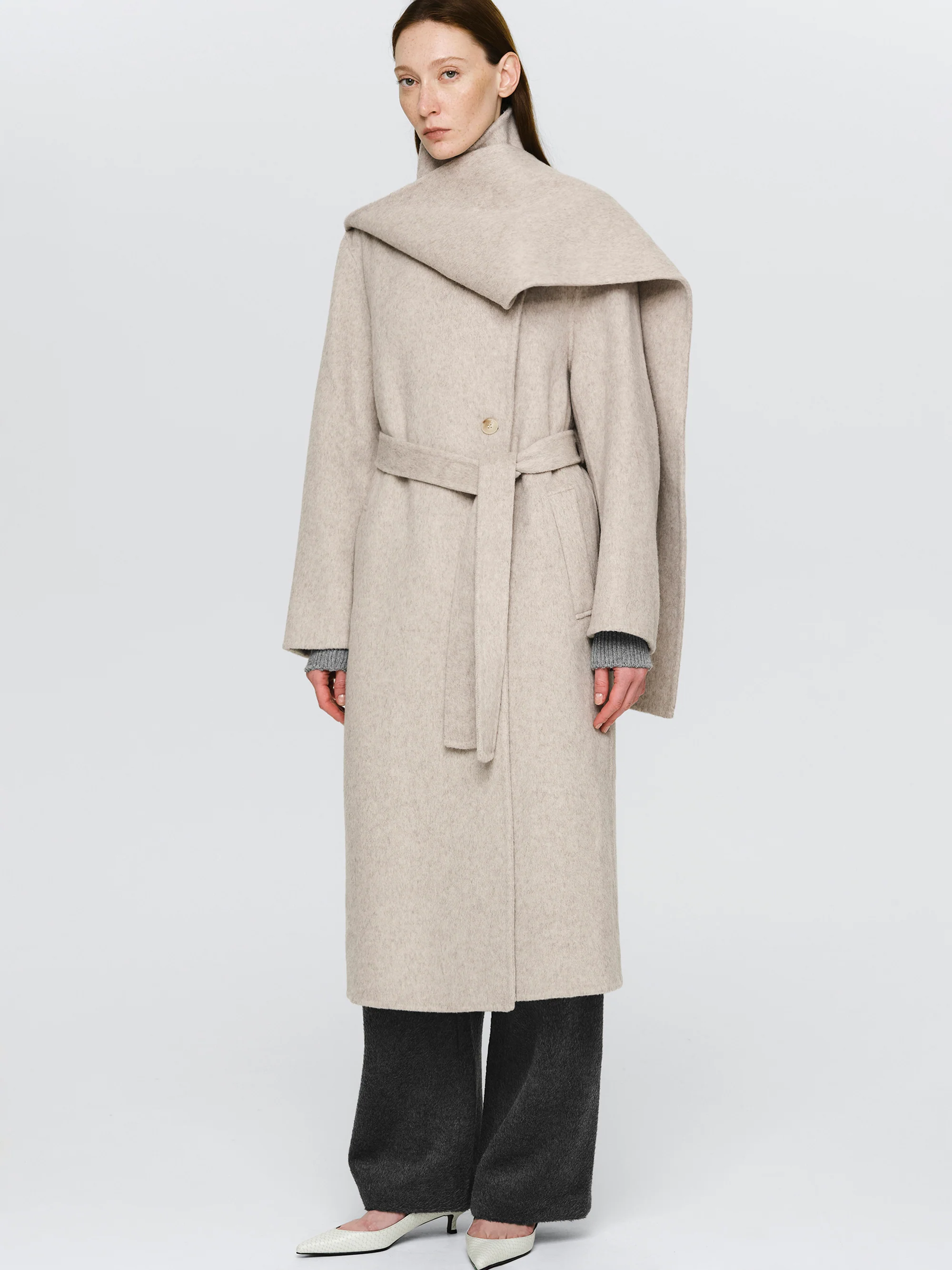 Double Lapel Scarf Coat, Ivory