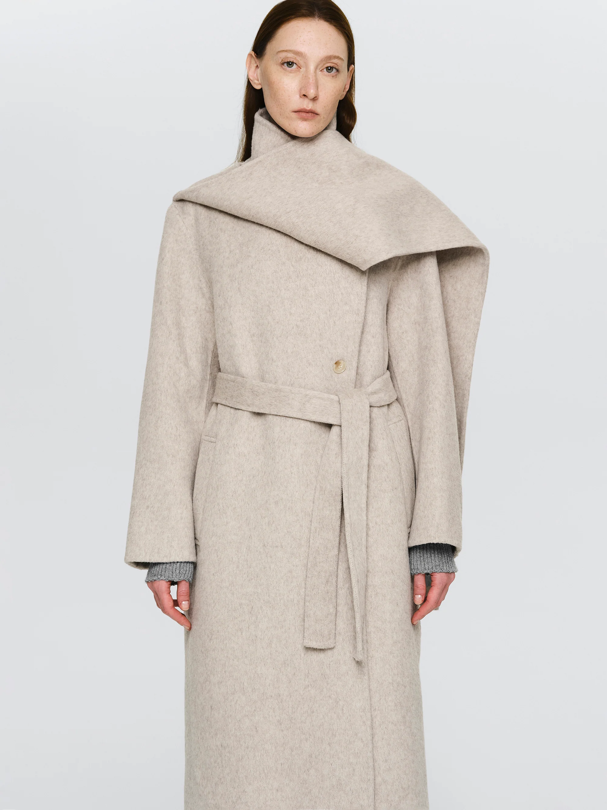 Double Lapel Scarf Coat, Ivory - Image 2