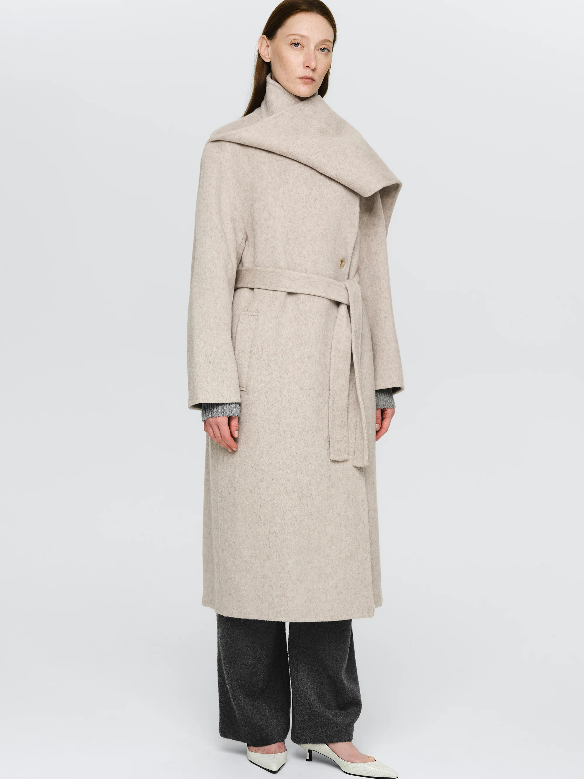 Double Lapel Scarf Coat, Ivory - Image 3