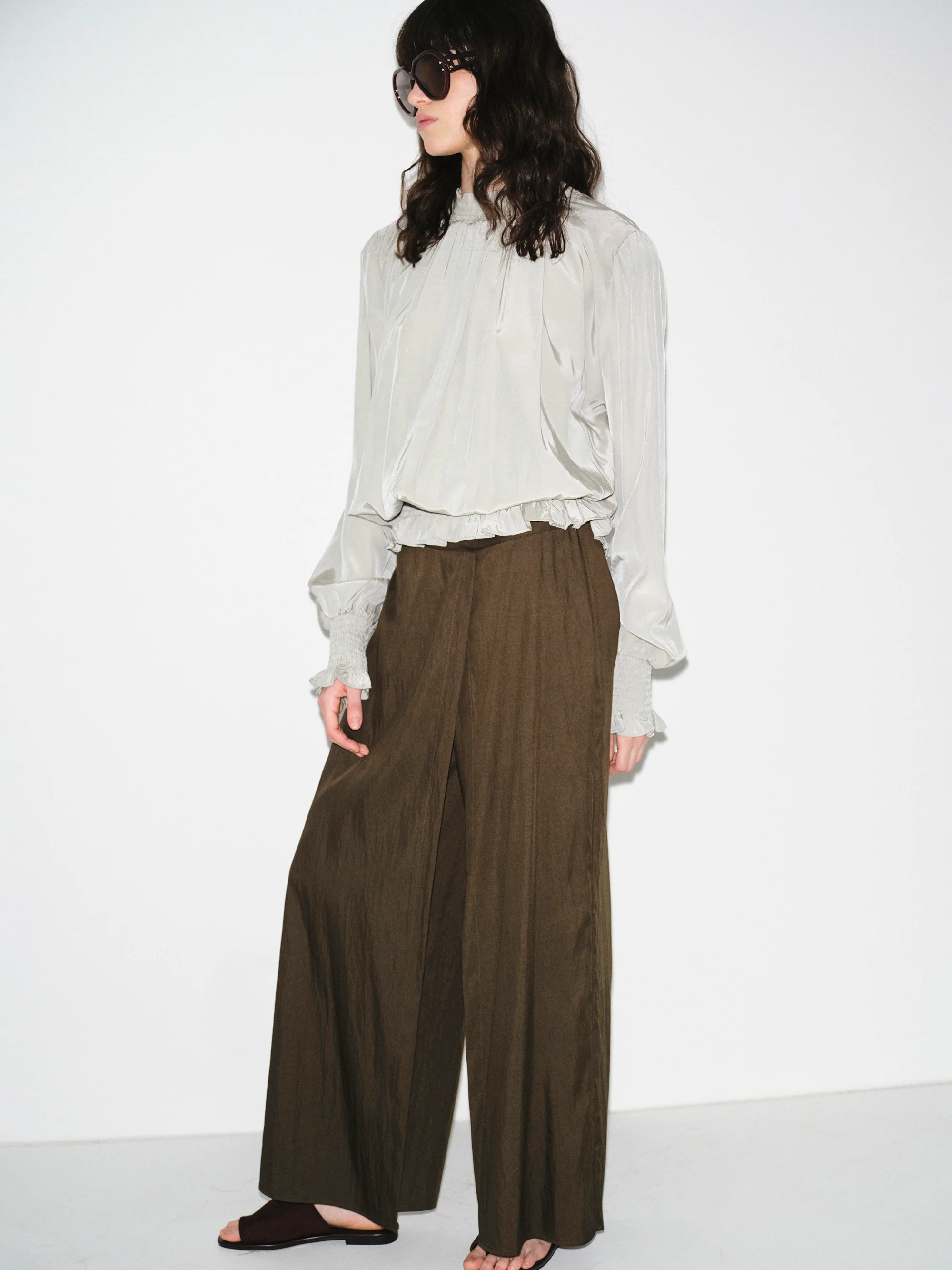 Double-Layer Crinkled Trousers, Brown - Image 4