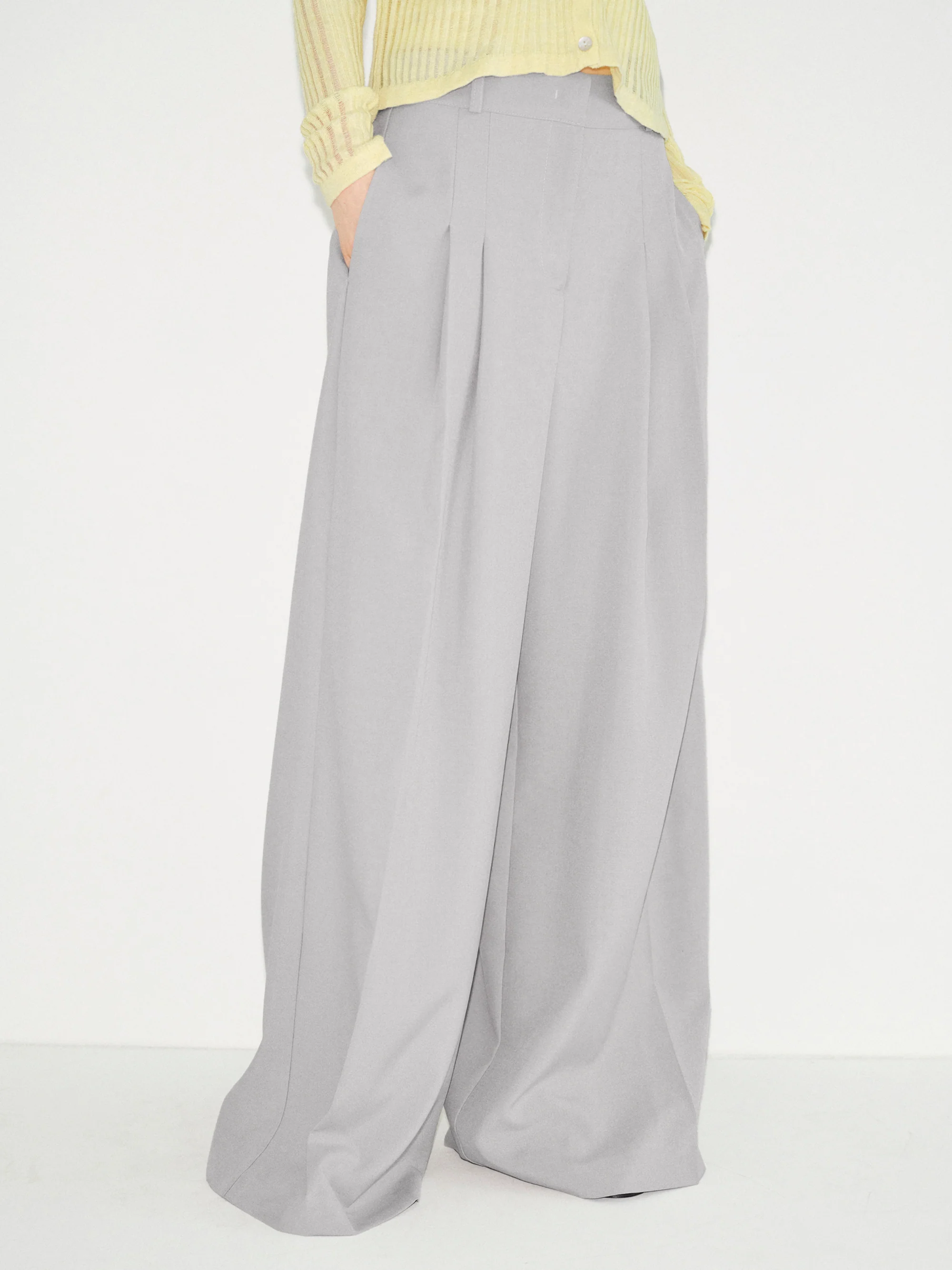 Double Pleated Wide-Leg Trousers, Grey