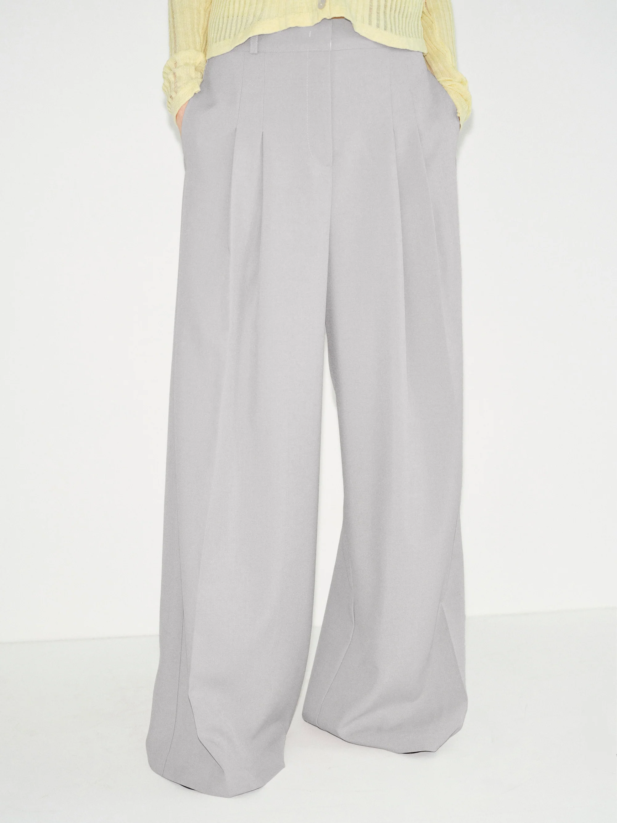 Double Pleated Wide-Leg Trousers, Grey - Image 3