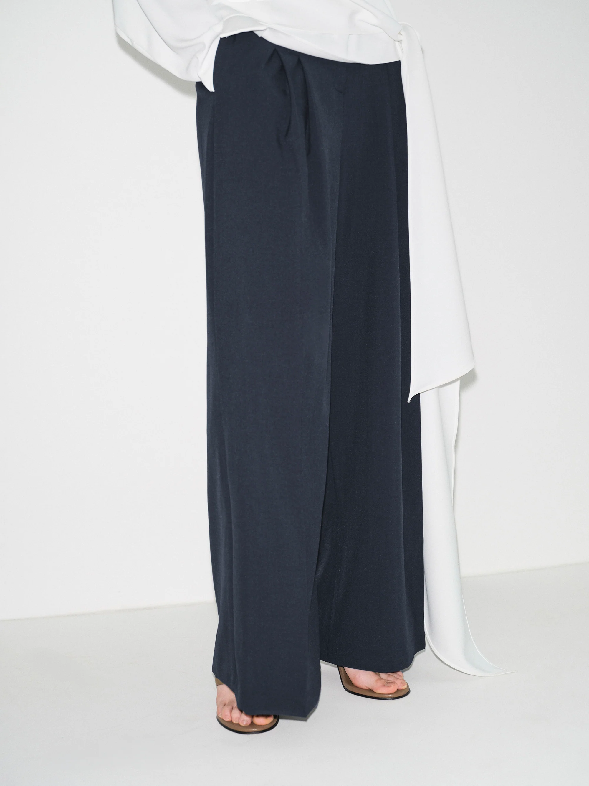 Double Pleated Wide-Leg Trousers, Navy