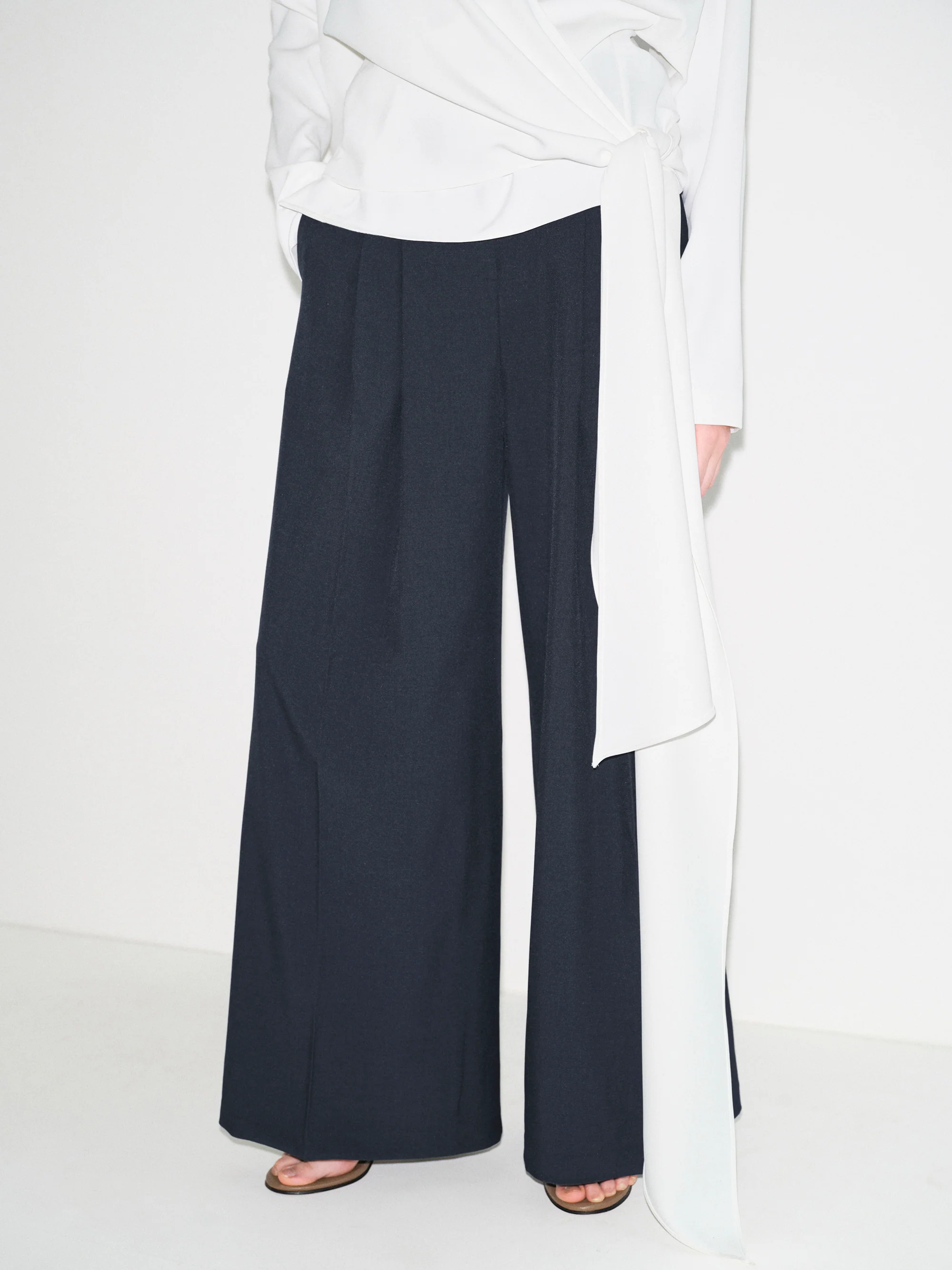 Double Pleated Wide-Leg Trousers, Navy - Image 2
