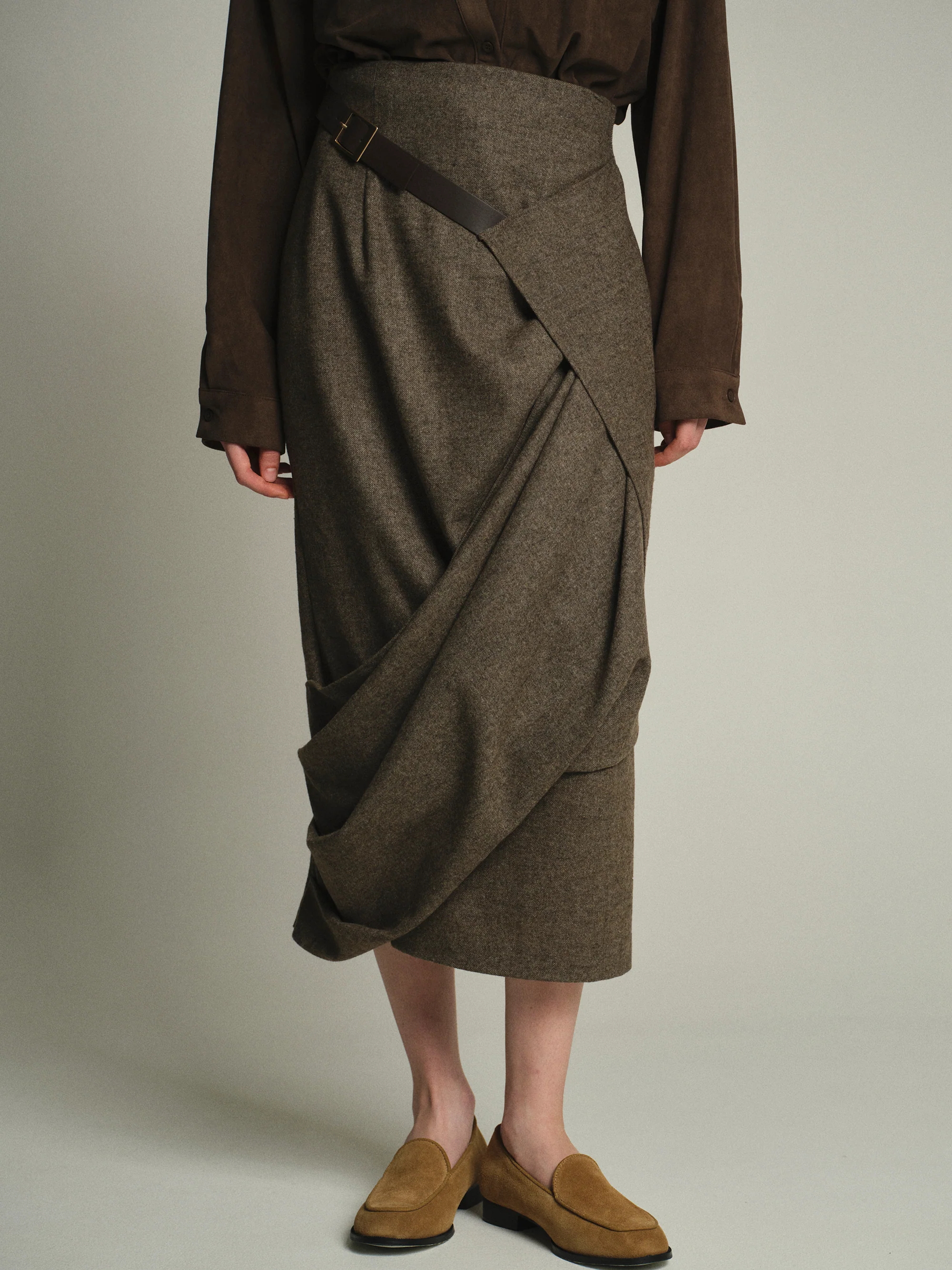 Draped Belted Skirt, Brown