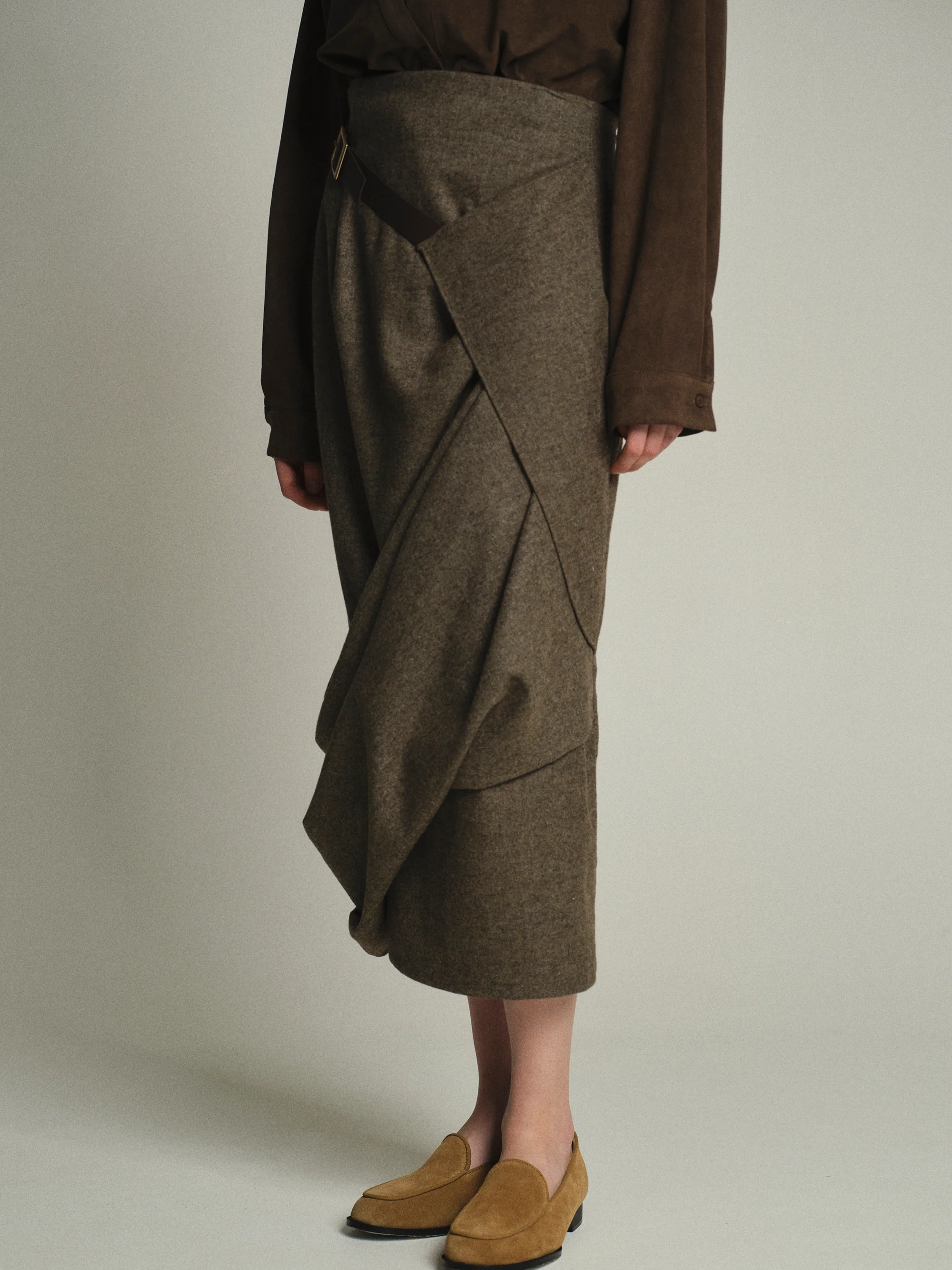 Draped Belted Skirt, Brown - Image 2