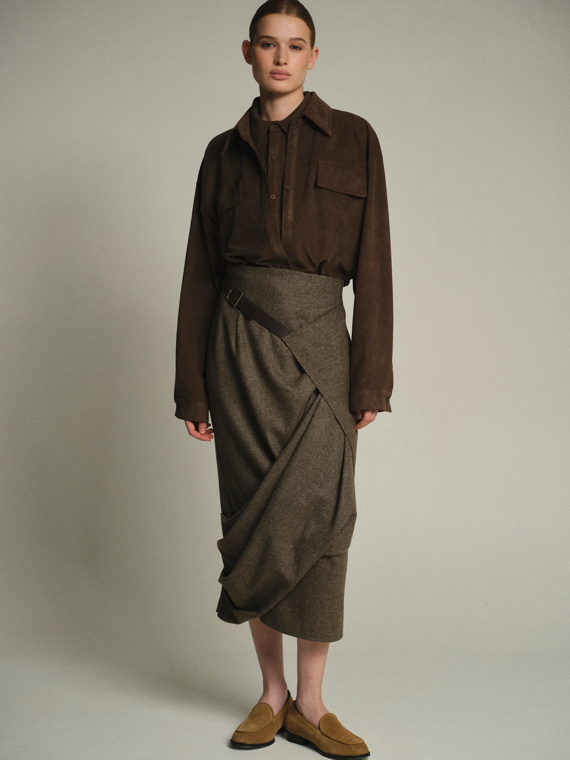 Draped Belted Skirt, Brown - Image 3