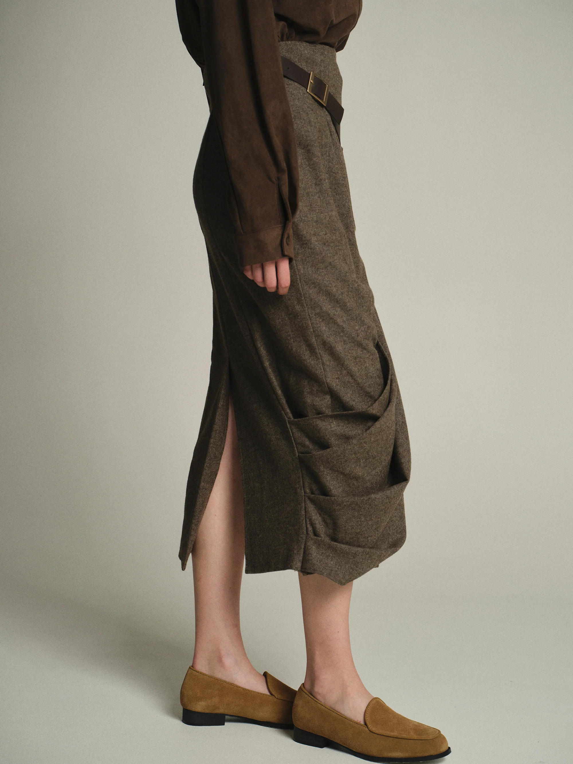 Draped Belted Skirt, Brown - Image 4