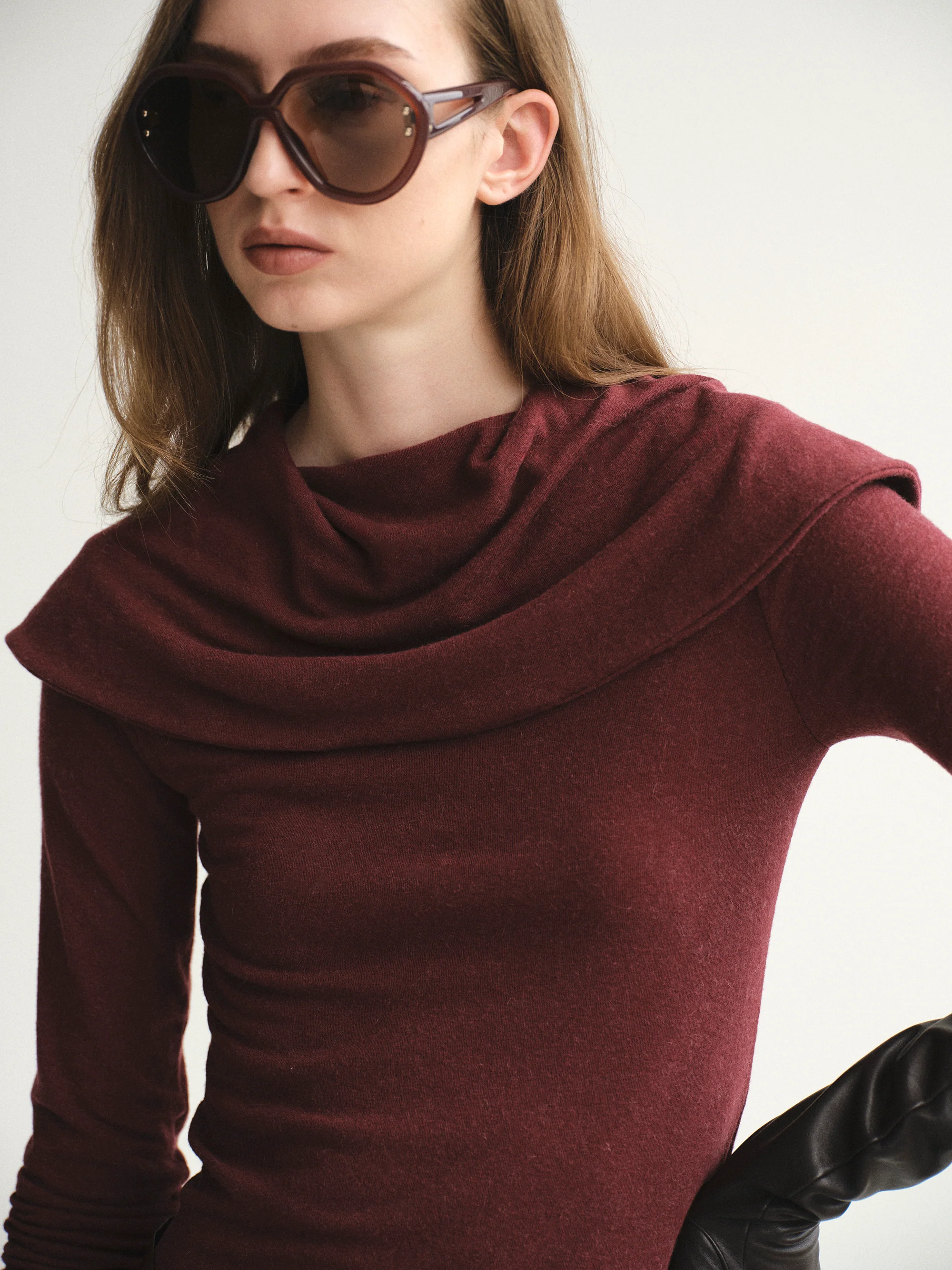 Draped High Neck Top, Burgundy - Image 2
