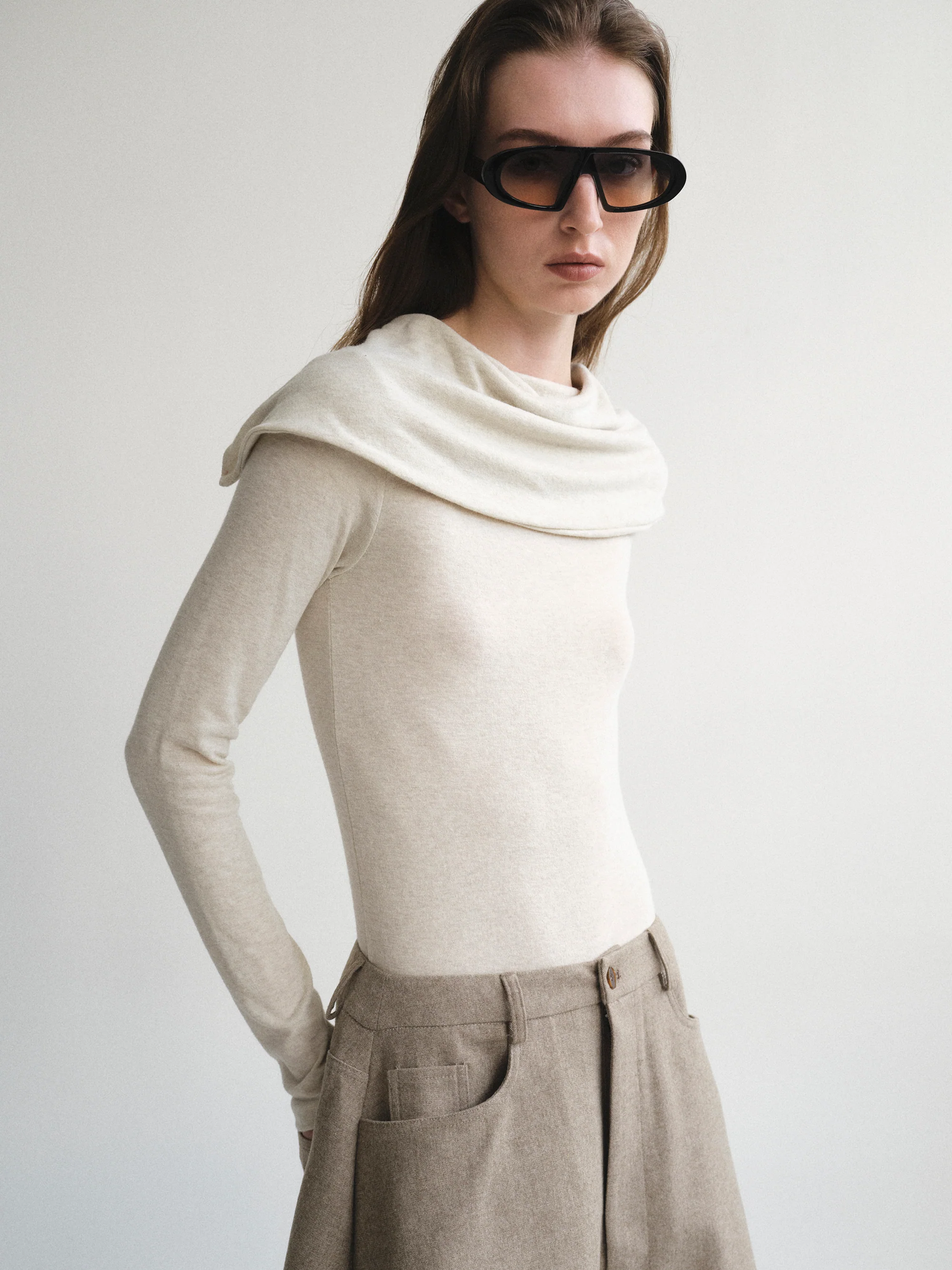Draped High Neck Top, Ivory - Image 2