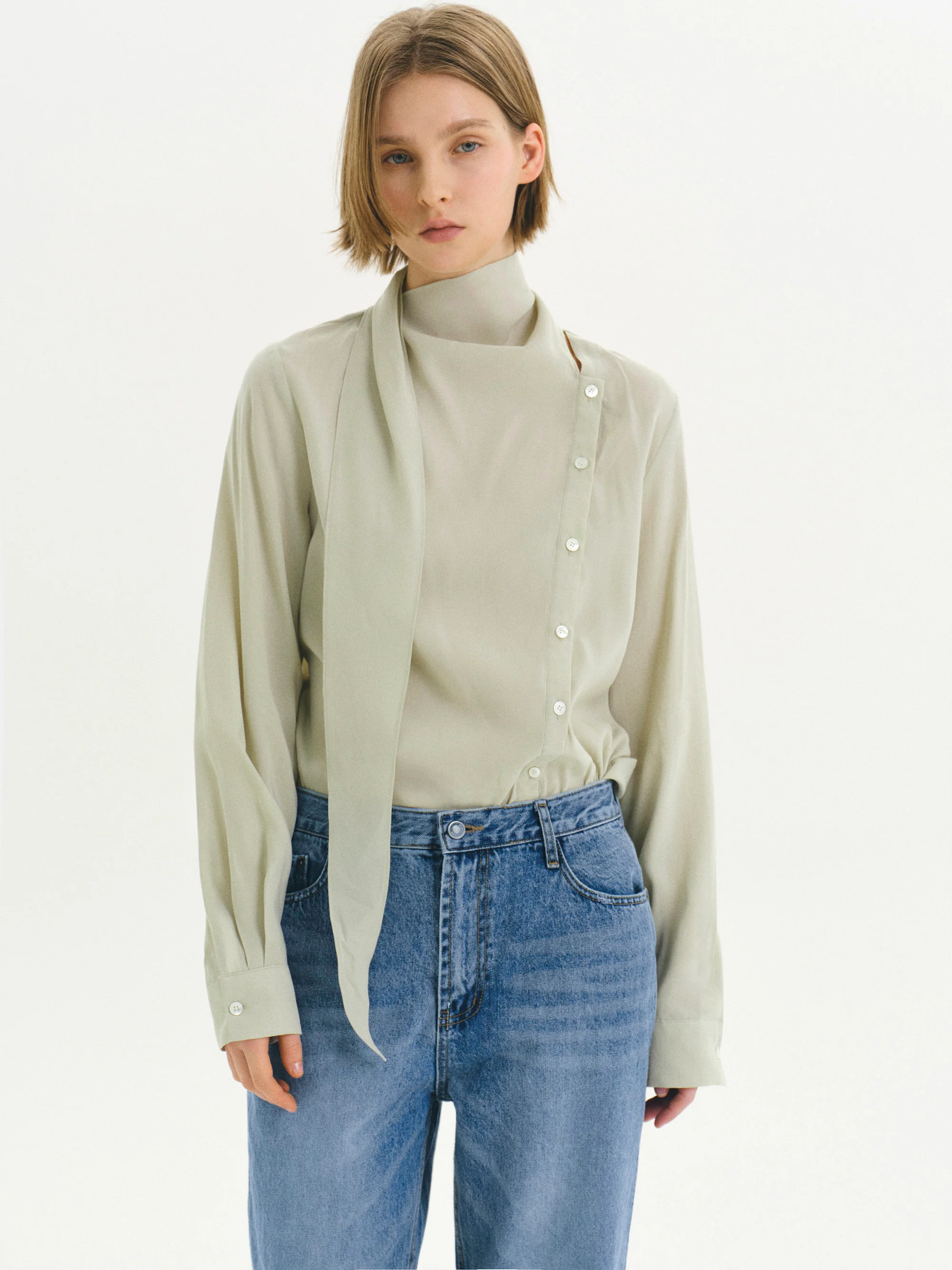 Draped Scarf Blouse, Beige