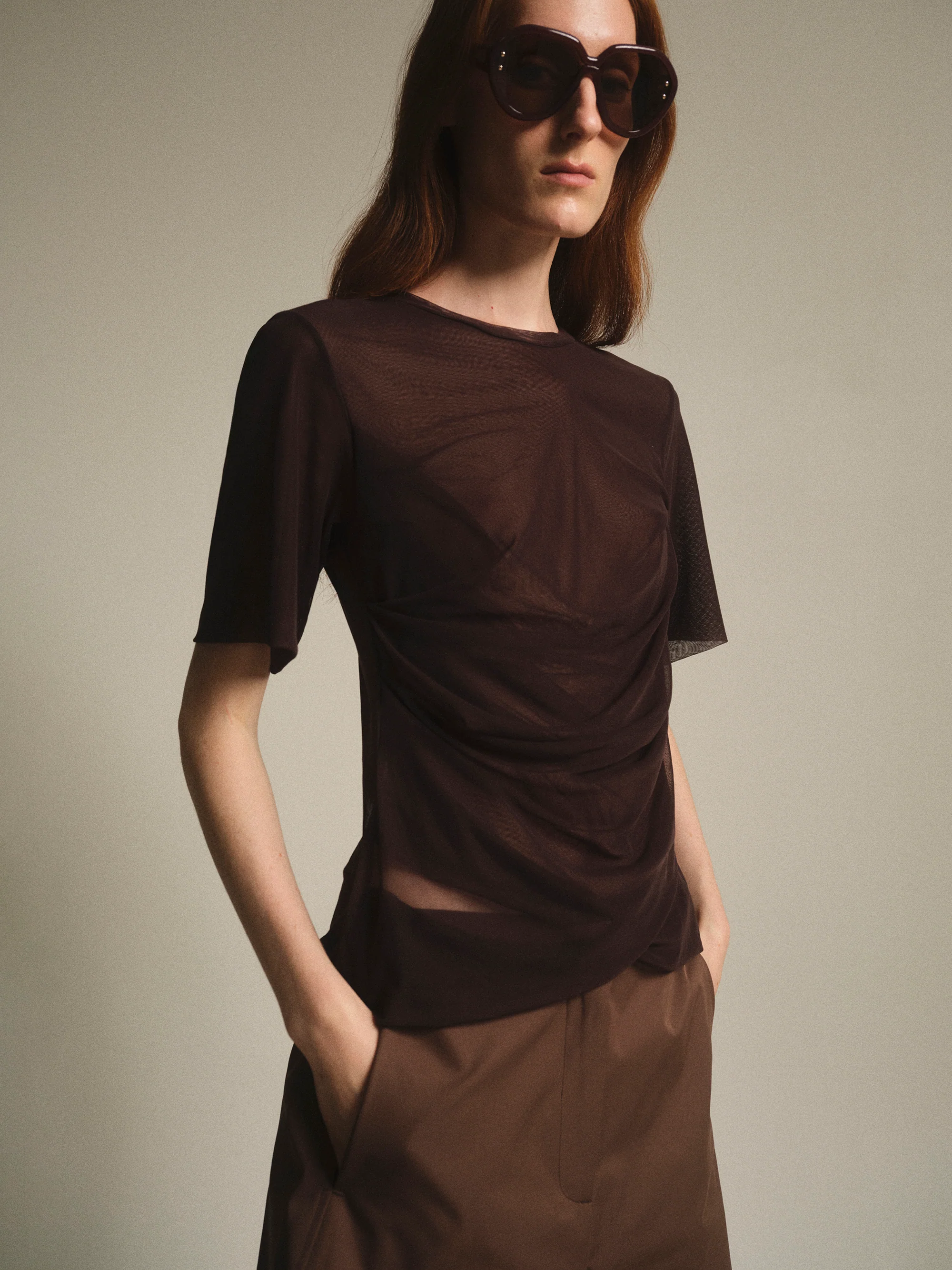 Draped T-Shirt, Burgundy - Image 4