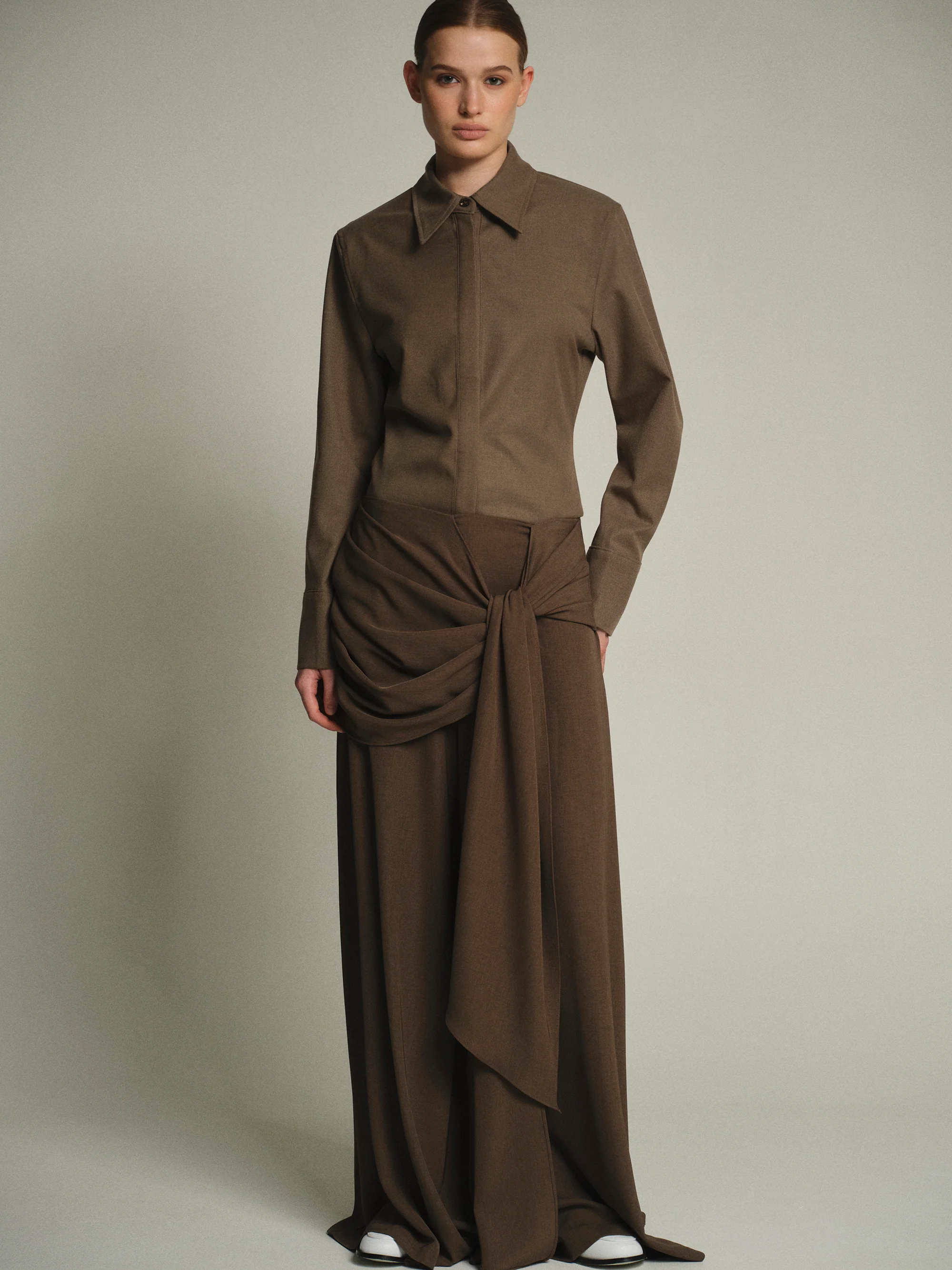 Draped Tie-Waist Trousers, Brown