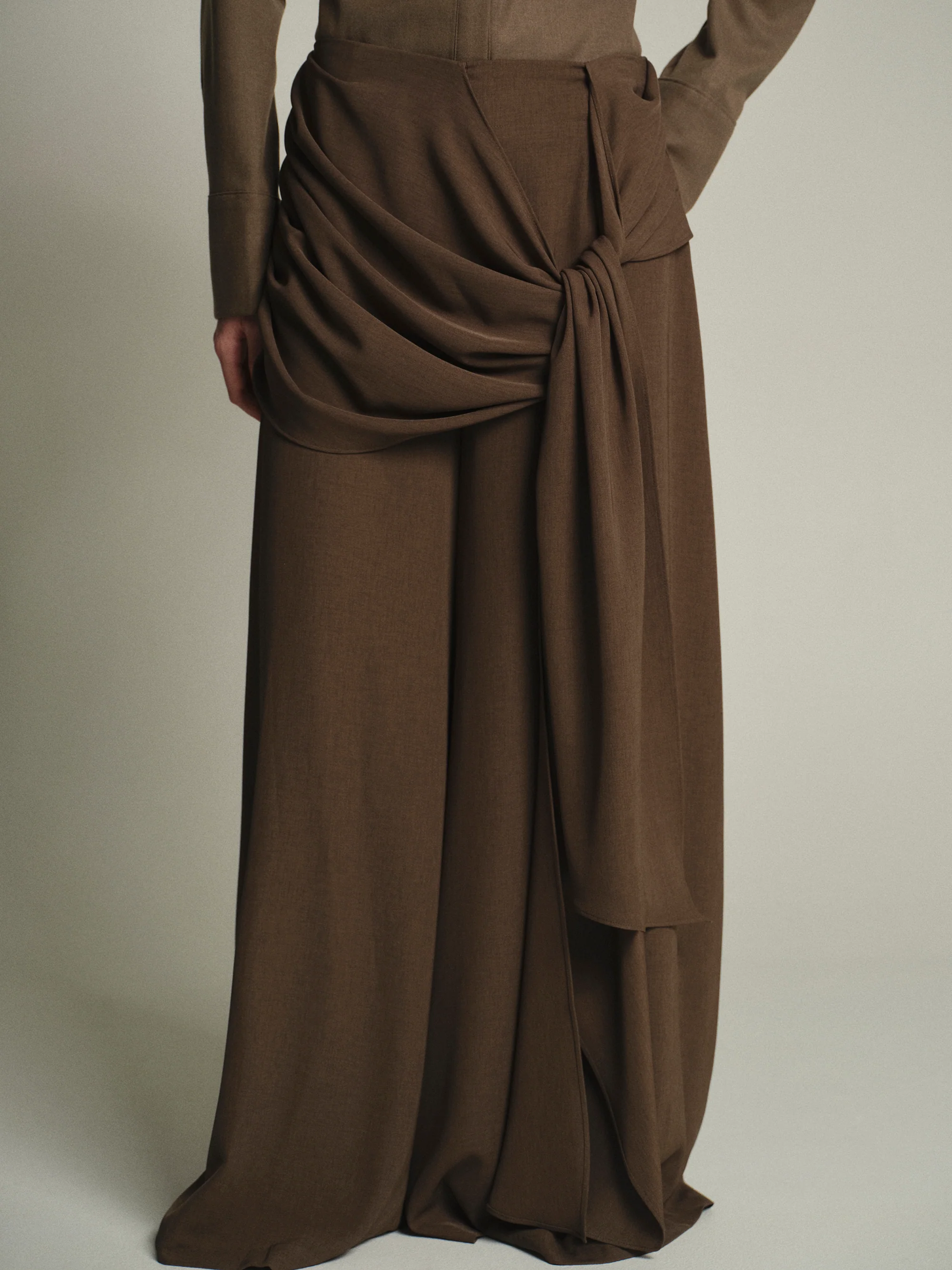 Draped Tie-Waist Trousers, Brown - Image 4