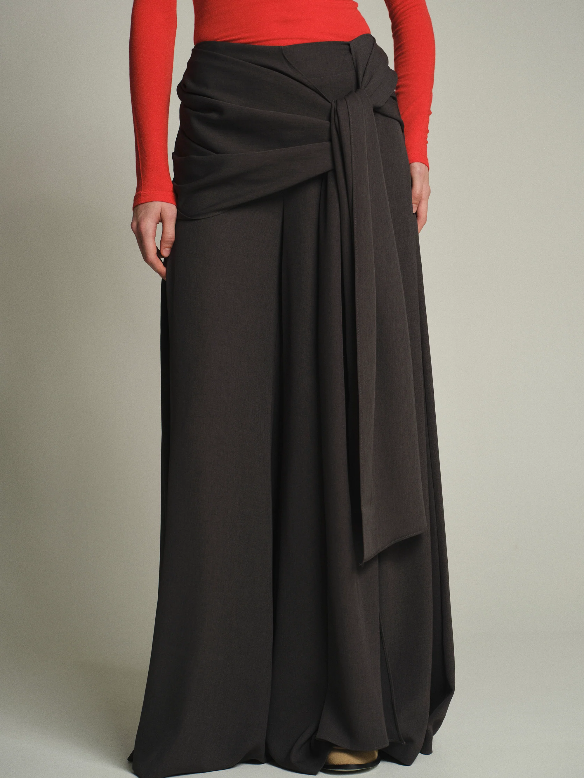 Draped Tie-Waist Trousers, Charcoal