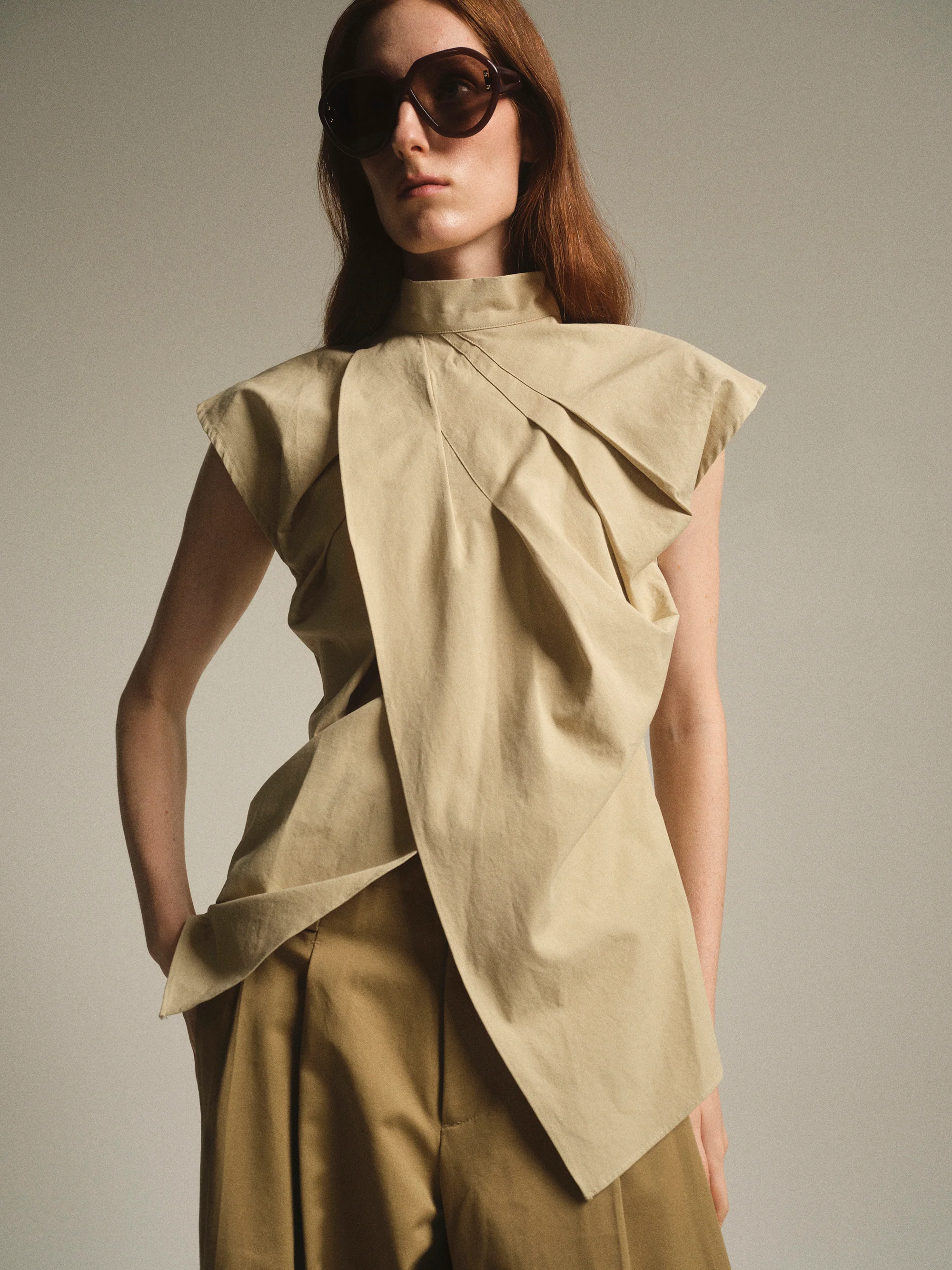 Draped Wrap Shirt, Beige